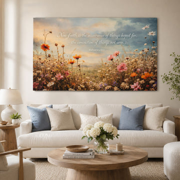 Hebrews 11:1 Now Faith Is the Assurance Canvas Print, Floral Bible Verse Christian Wall Art, Faith Home Decor Gift