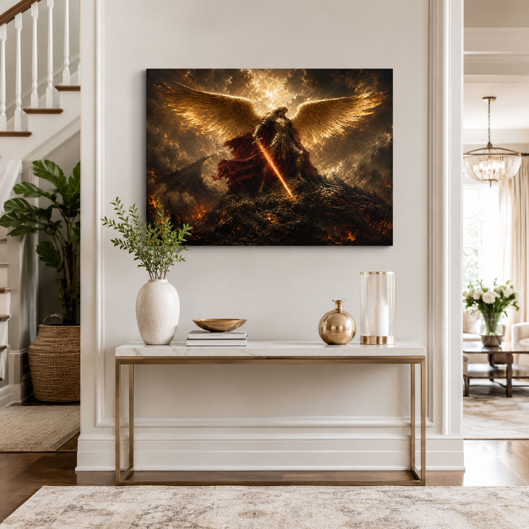 Saint Michael Defeating the Dragon Canvas Print, Revelation 12 Christian Wall Decor, Protection Gift