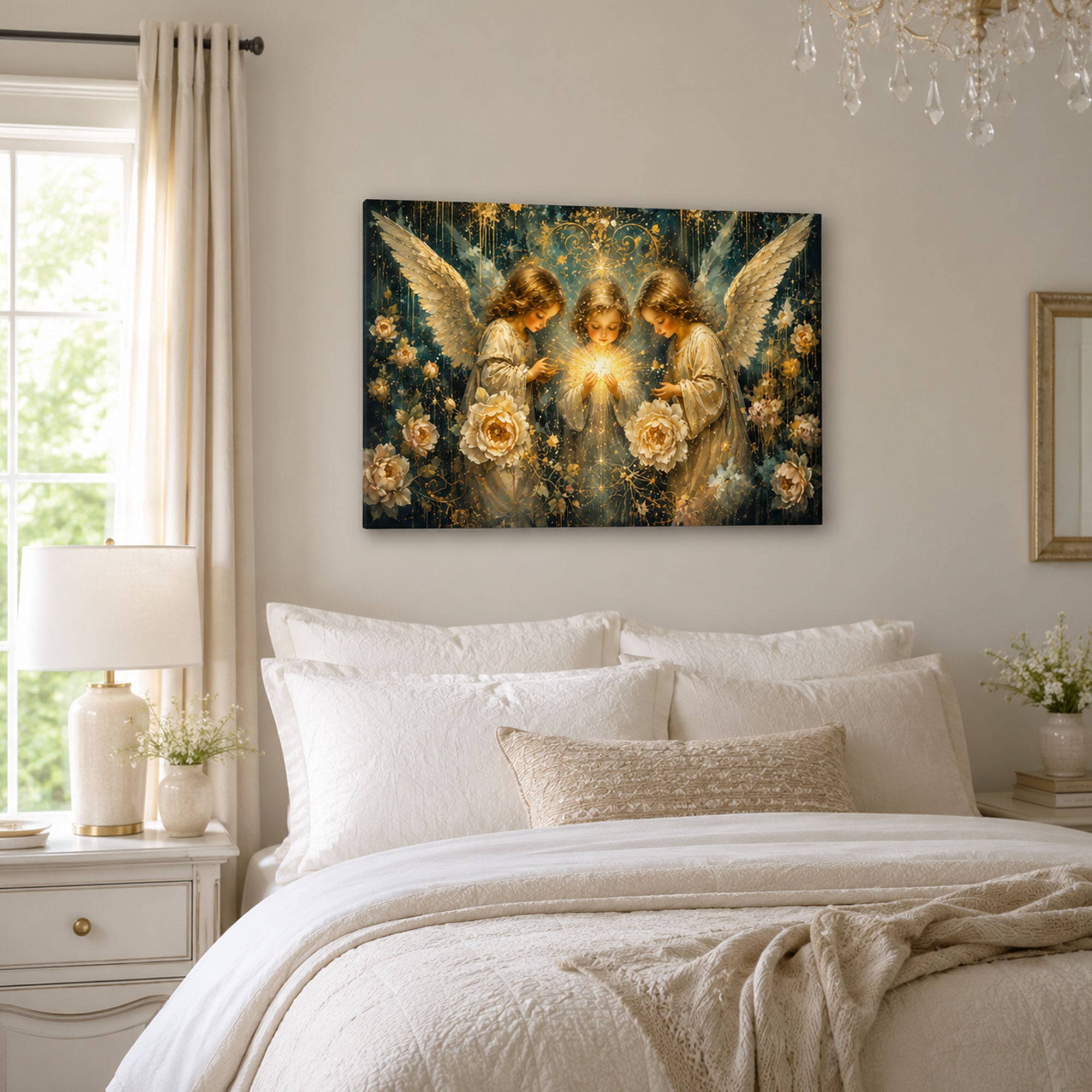 Three Angels of Light Canvas Print, Christian Angel Wall Art, White Rose Faith Home Decor Gift