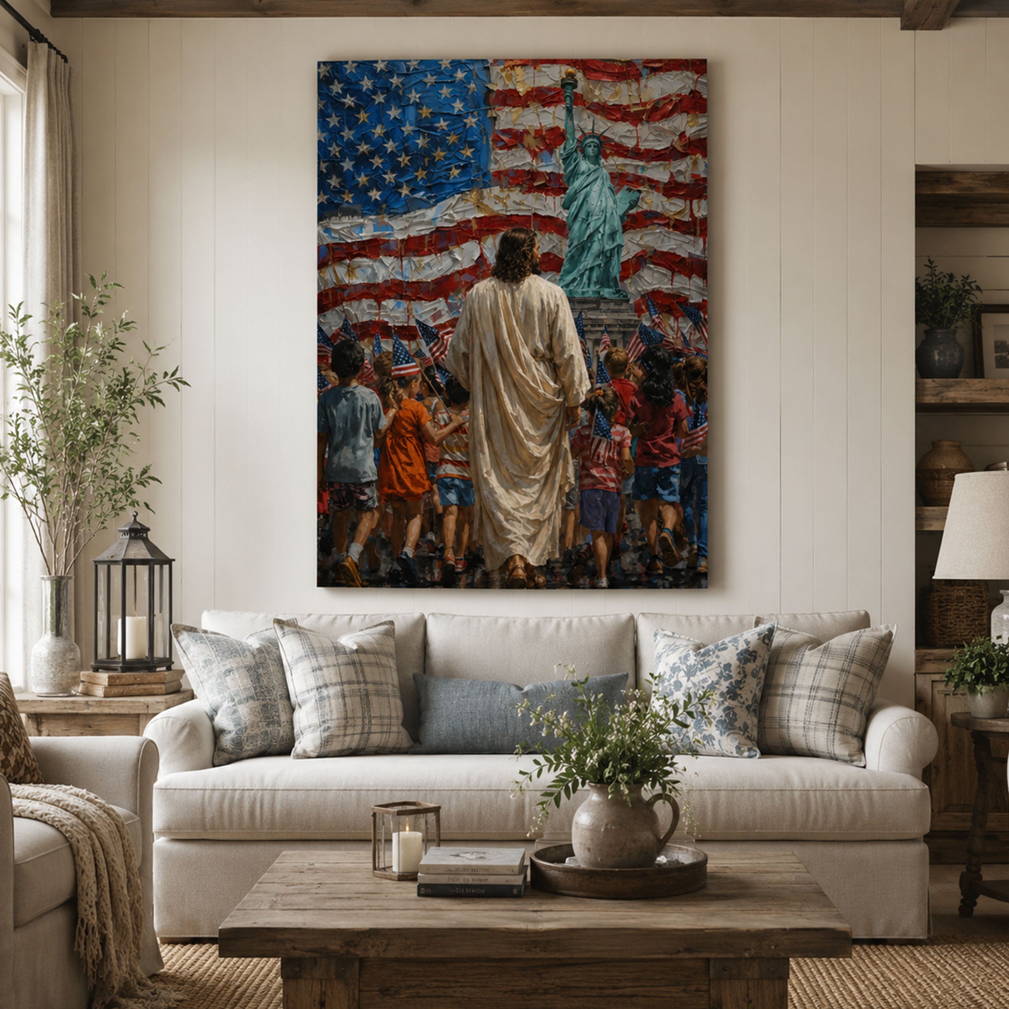 Patriotic Jesus and America Canvas Print, Christian USA Wall Art, Freedom Faith Home Decor