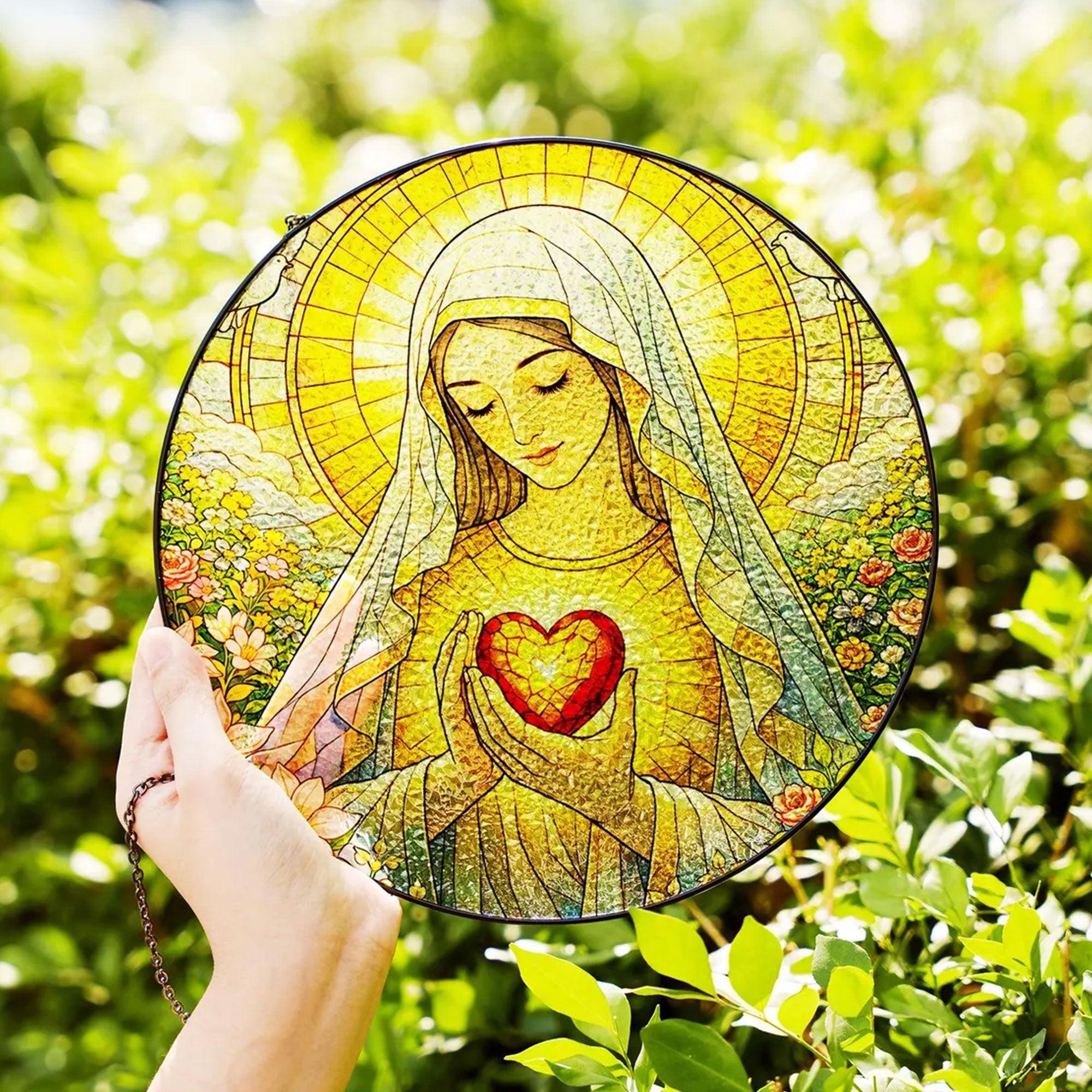 Virgin Mary Stained Glass Suncatcher, Immaculate Heart of Mary Window Hanging, Catholic Religious Decor, Faith Gift