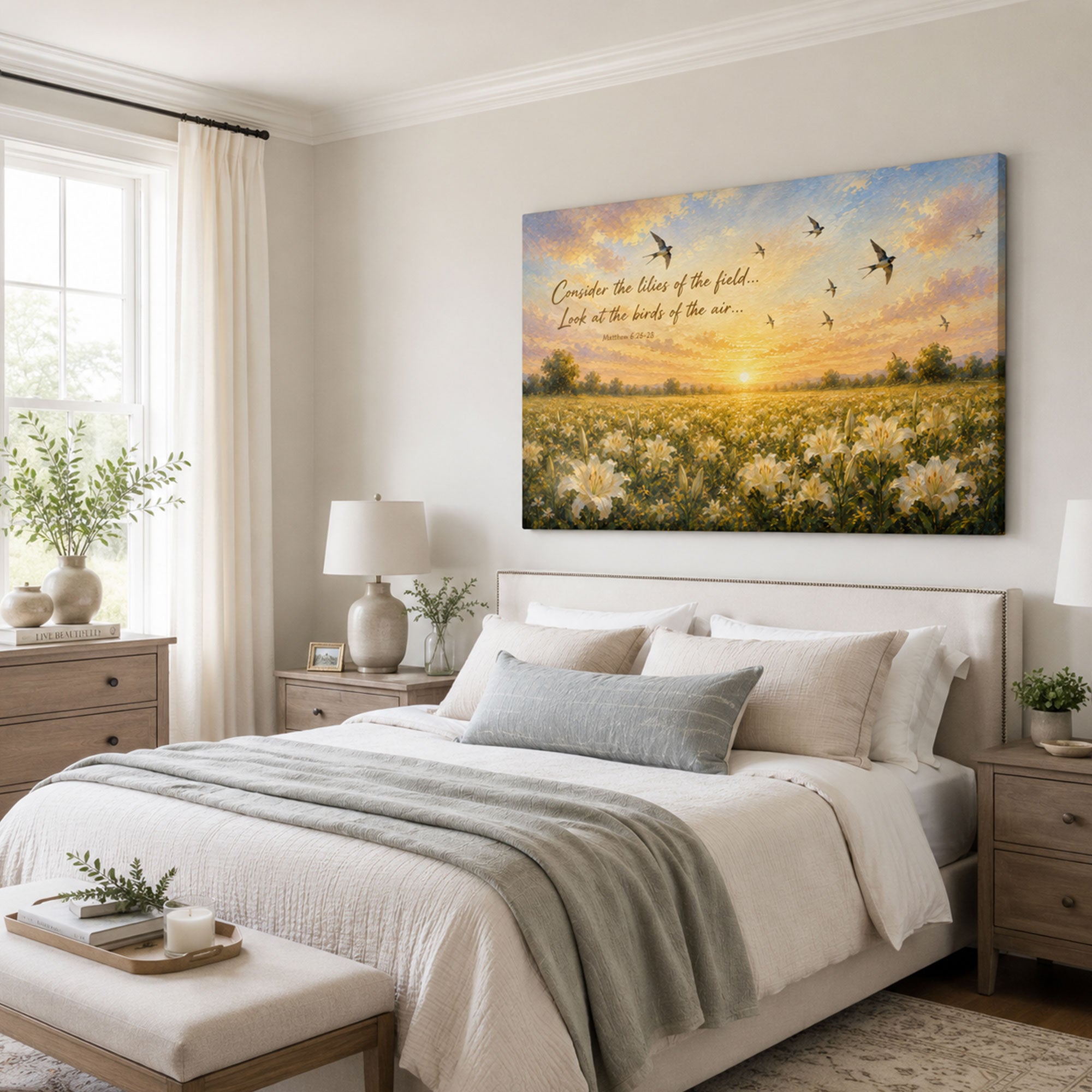Consider the Lilies & Birds of the Air Canvas Print, Matthew 6:26-28 Christian Wall Decor