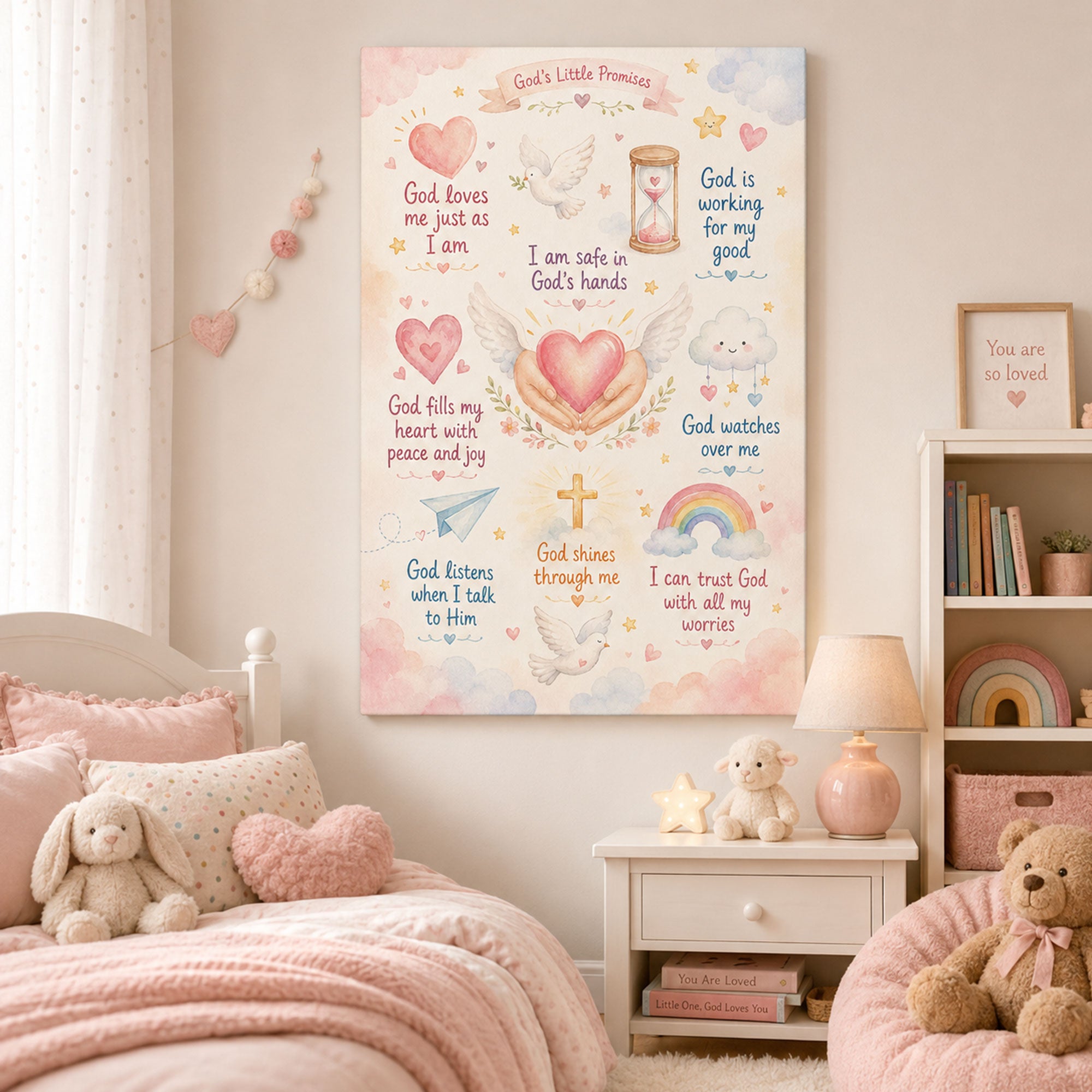 God’s Little Promises Christian Kids Wall Art Pastel Watercolor Nursery Faith Affirmation Canvas Print