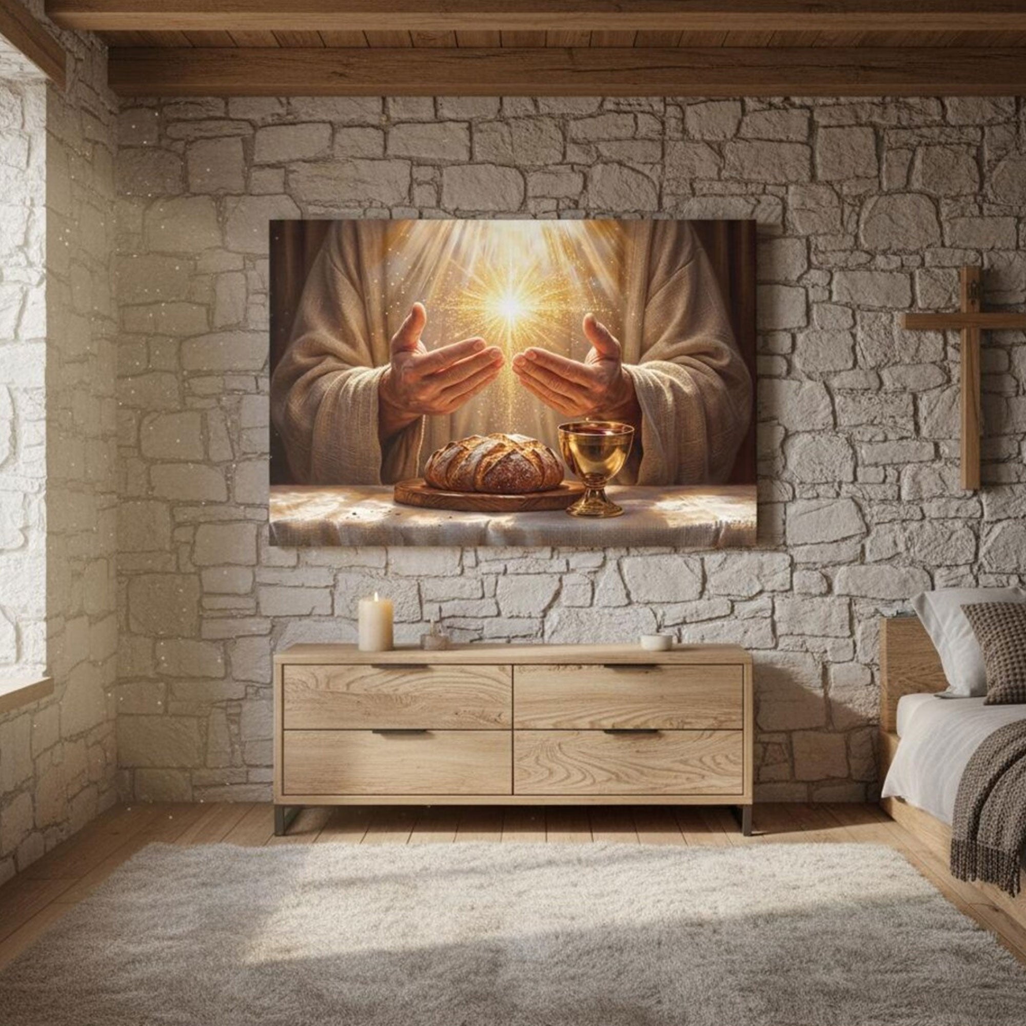Golden Light Eucharist Canvas Print, Abstract Christian Wall Art, Catholic Faith Home Decor