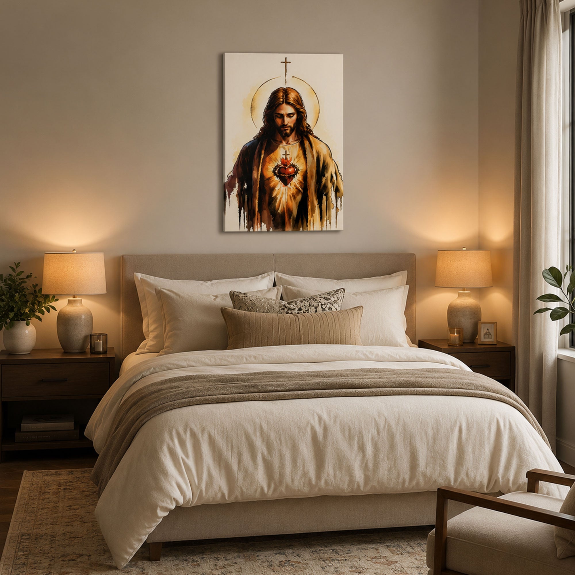 Sacred Heart of Jesus Canvas Print, Watercolor Christian Wall Art, Catholic Faith Home Decor Gift
