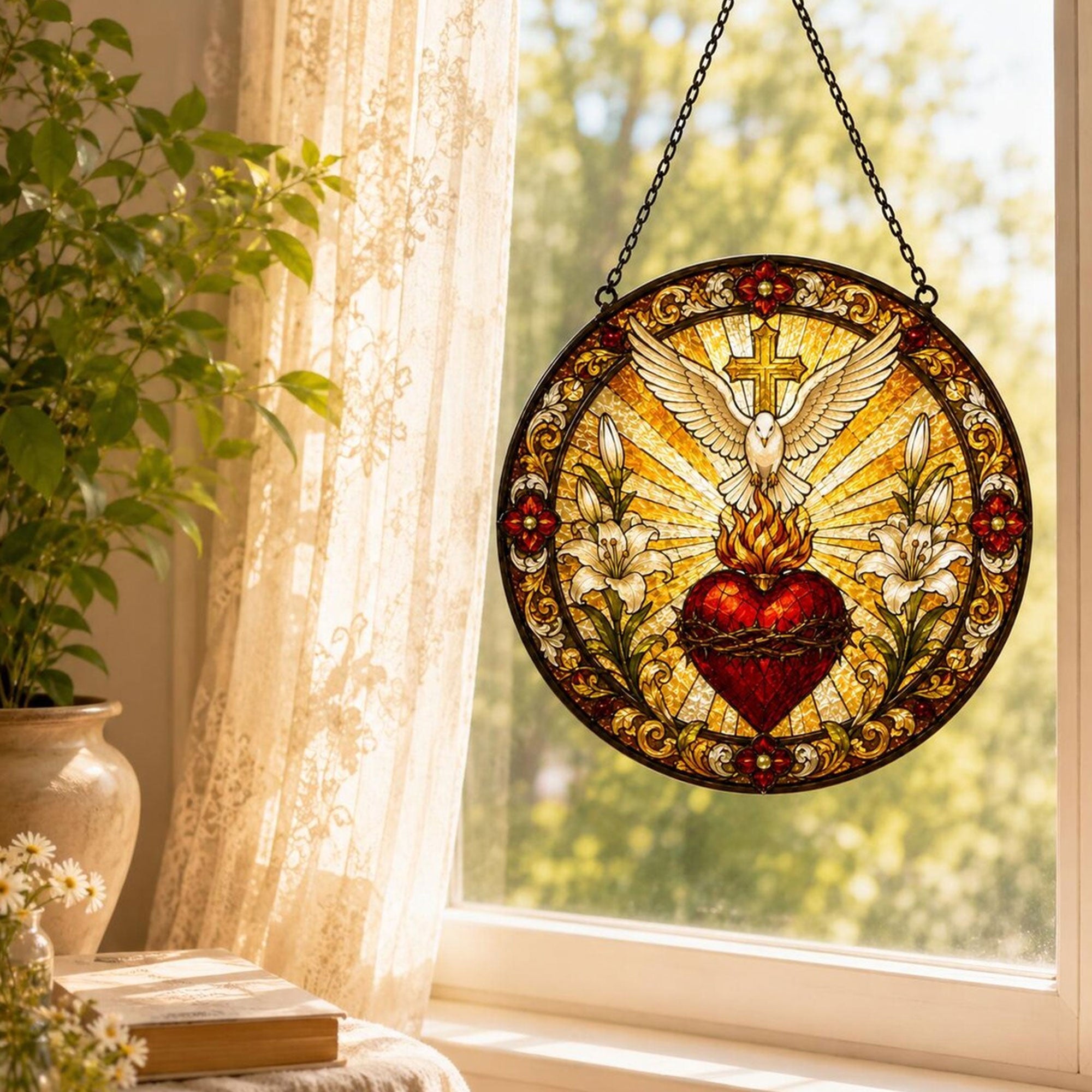 Sacred Heart and Holy Spirit Dove Stained Glass Suncatcher, Catholic Window Hanging, Christian Faith Gift