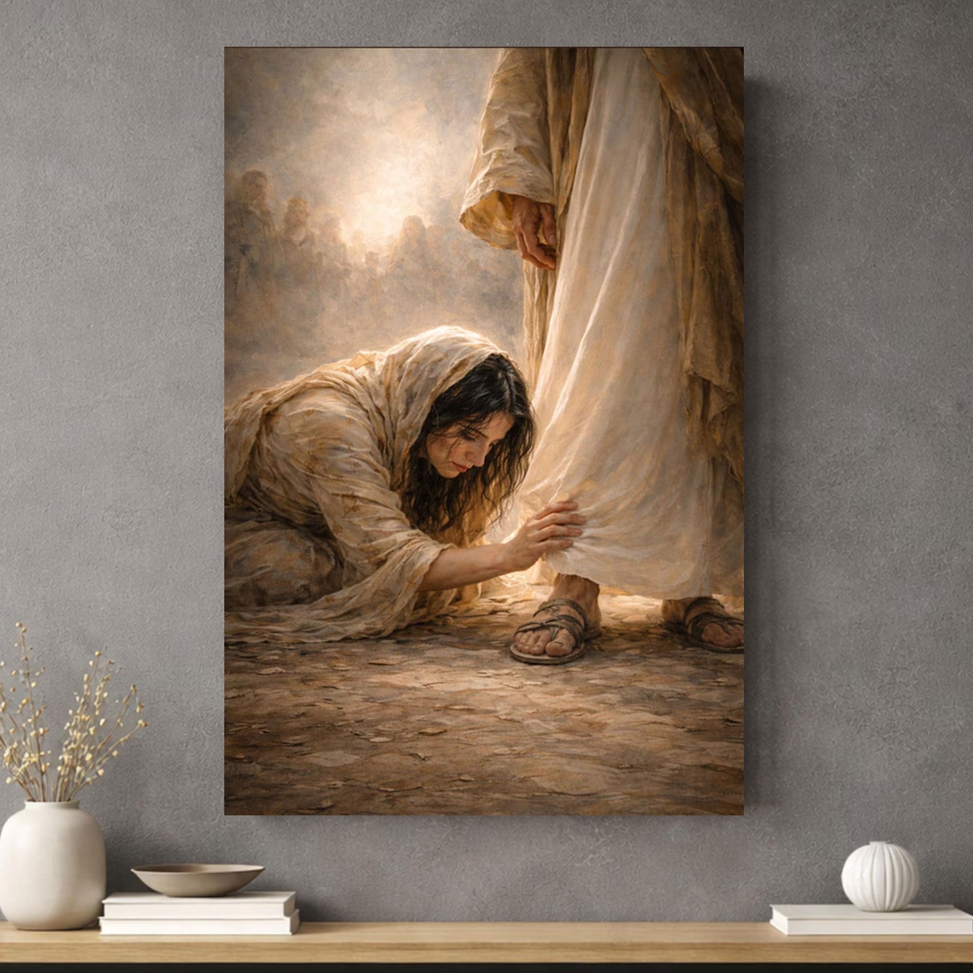 Woman Healed by Faith Canvas Print, Jesus Healing Woman Touching the Hem Wall Art, Christian Decor