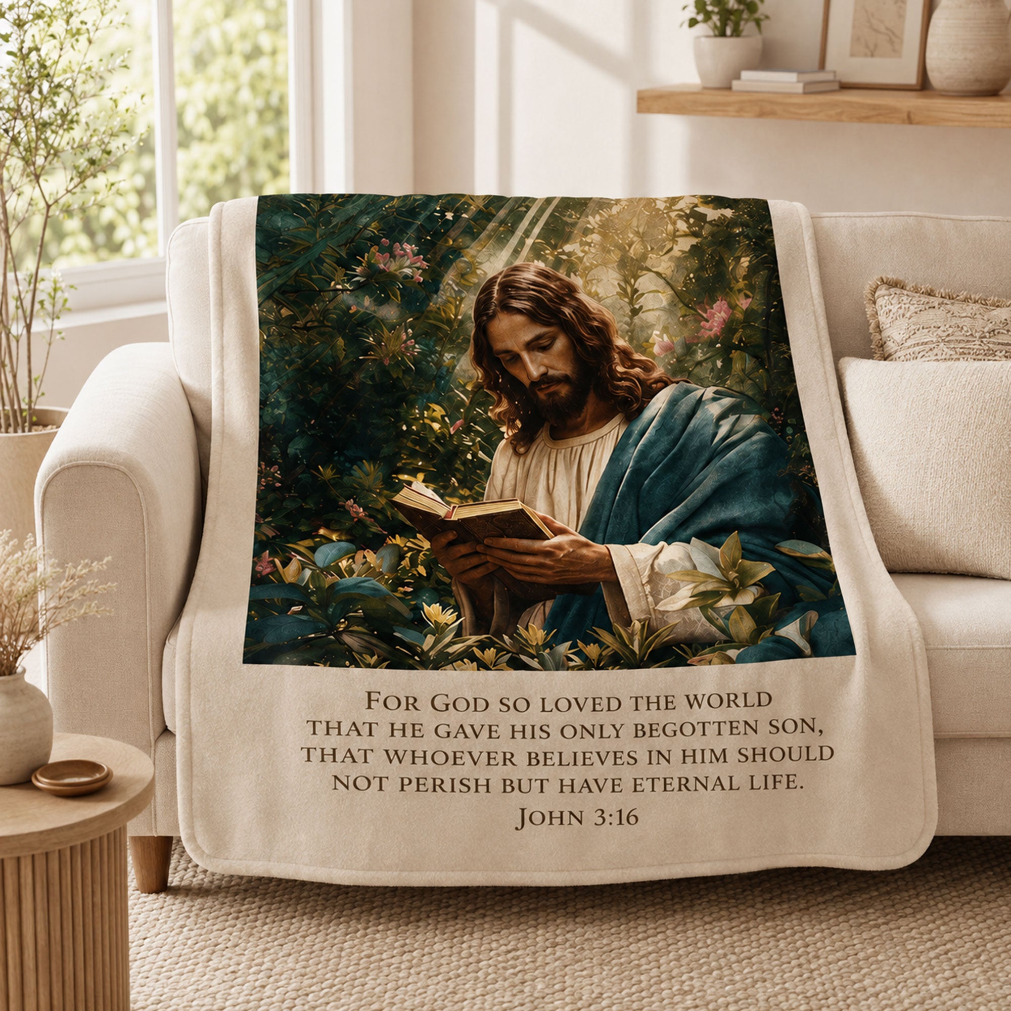 Jesus Reading Bible Fleece Blanket, John 3:16 Christian Throw, Scripture Faith Gift