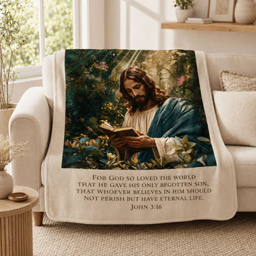Jesus Reading Bible Fleece Blanket, John 3:16 Christian Throw, Scripture Faith Gift