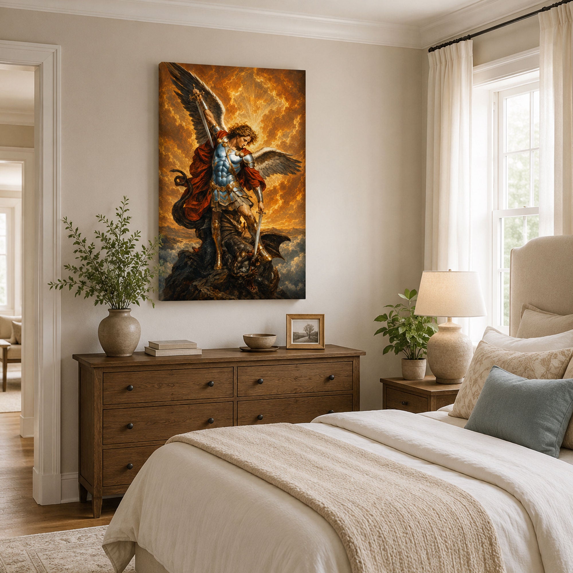 Saint Michael Defeating the Dragon Canvas Print, Catholic Warrior Archangel Wall Art, Faith Home Decor Gift