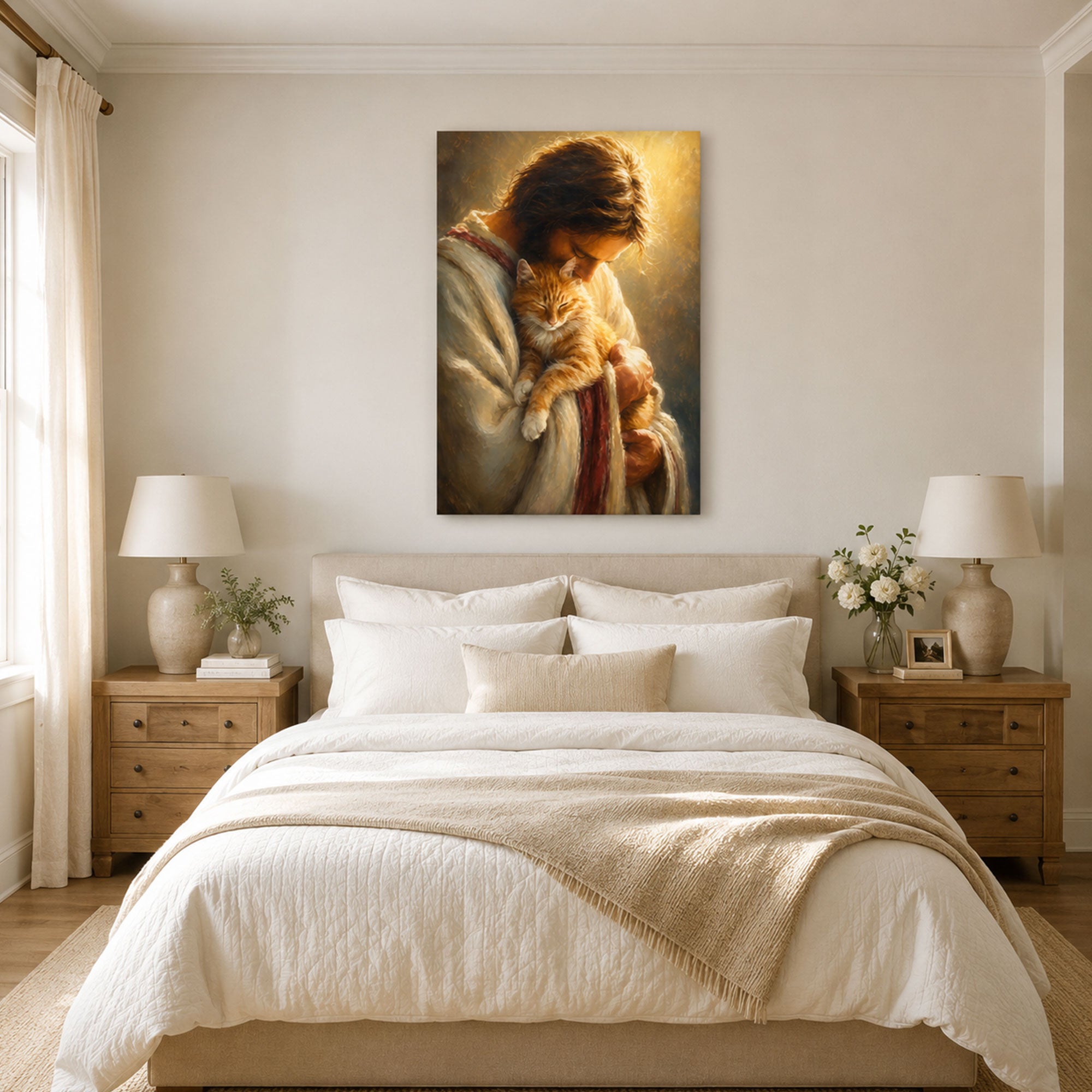 Jesus Holding a Cat Canvas Print, Christian Pet Lover Wall Decor, Faith Gift for Home