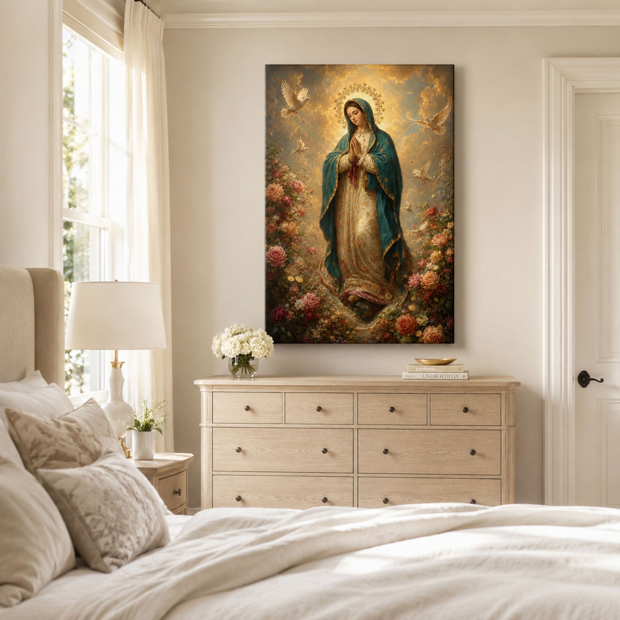 Virgin Mary with Roses and Doves Canvas Print, Catholic Home Decor