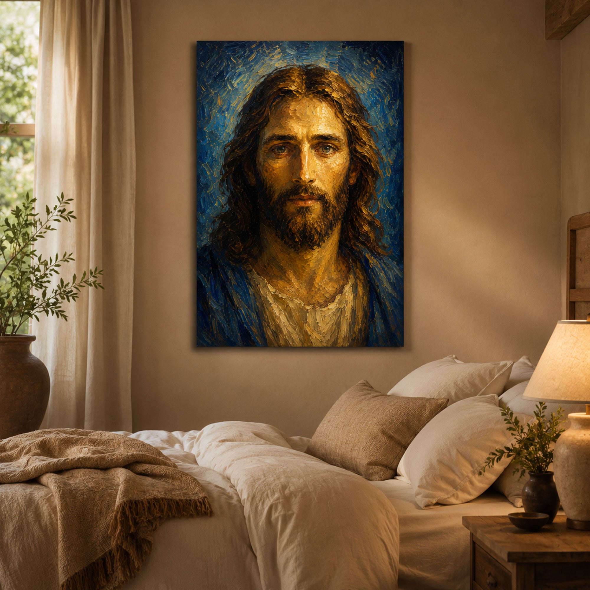 Jesus Christ Portrait Canvas Print, Blue Golden Christian Wall Art, Sacred Faith Home Decor