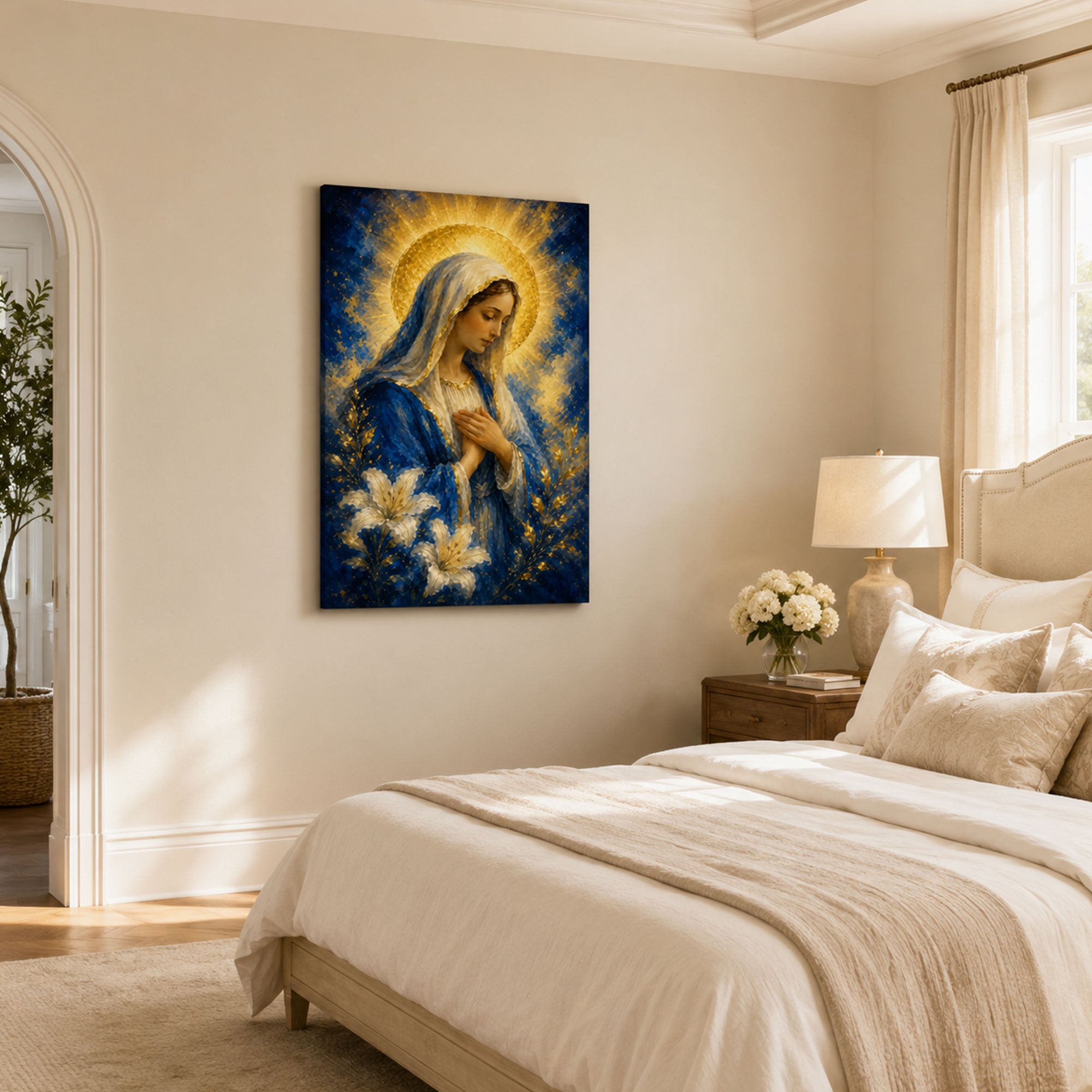 Blessed Virgin Mary with Lilies Canvas Print, Blue and Gold Catholic Marian Wall Art, Faith Home Decor Gift