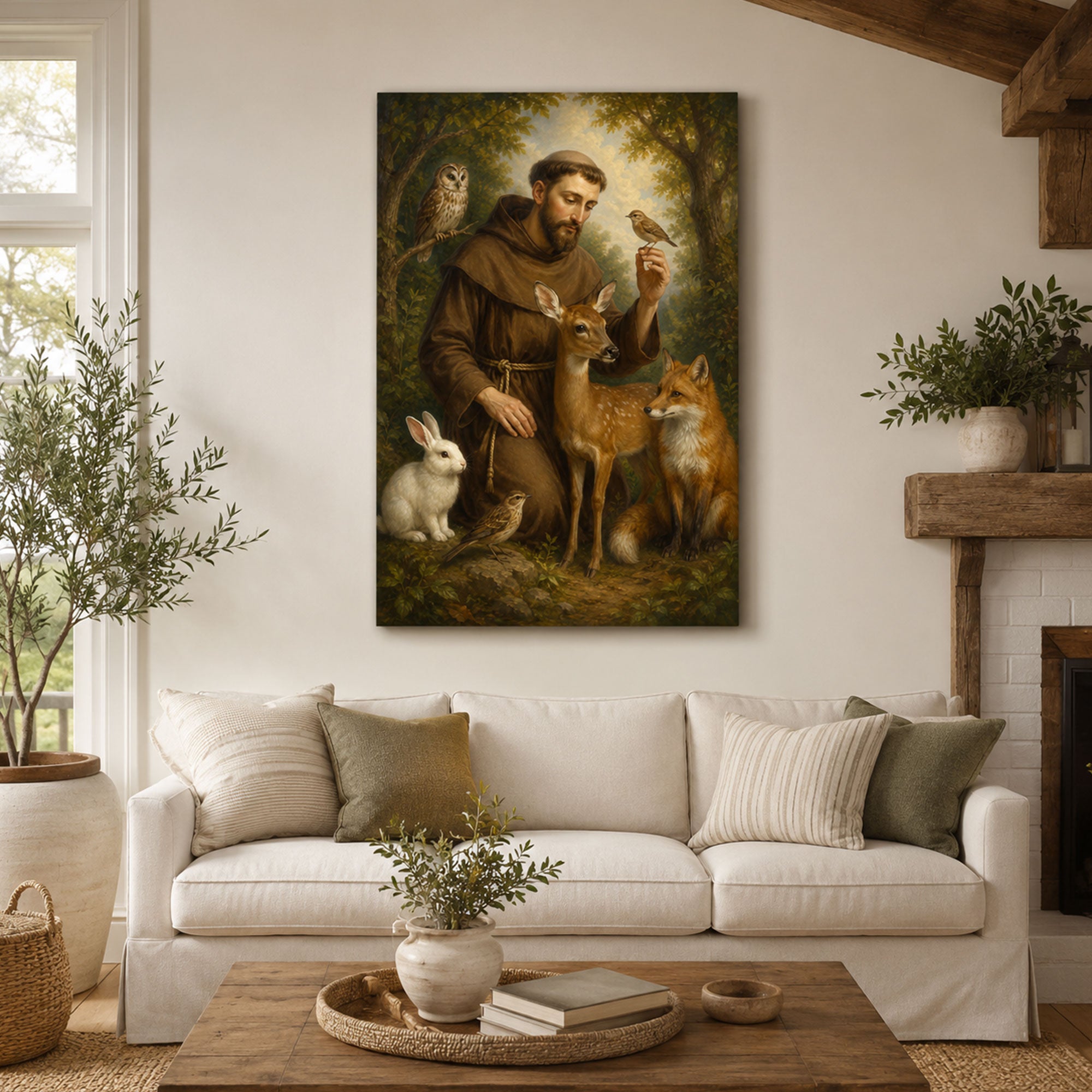 Saint Francis of Assisi Canvas Print, Catholic Saint Wall Art with Animals, Christian Home Decor Gift