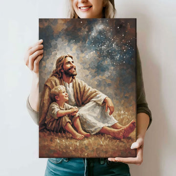 Jesus and Boy Canvas Print, Christian Faith Watercolor Wall Art, Bible Verse Spiritual Home Decor