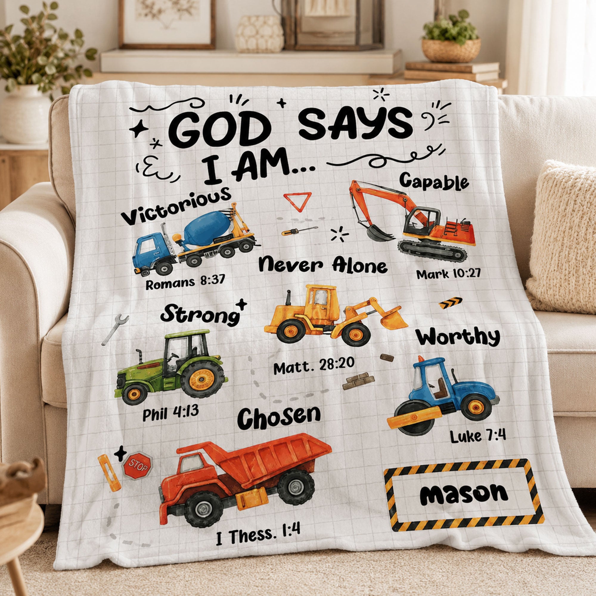 Personalized God Says I Am Construction Fleece Blanket, Christian Bible Verse Throw, Faith Gift for Boys