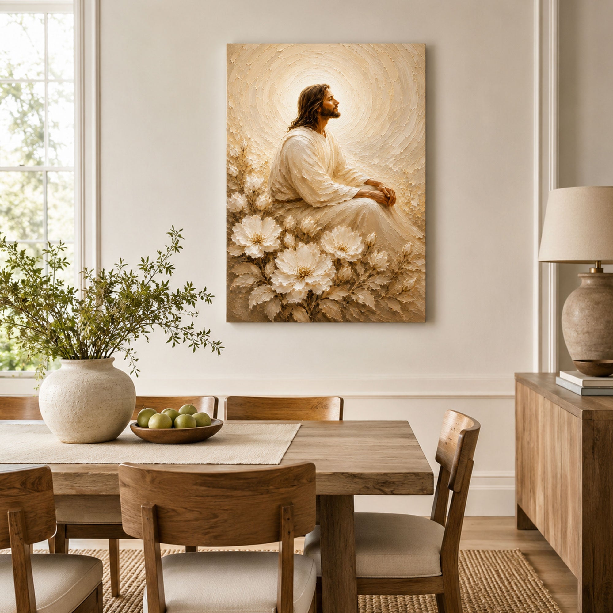 Peaceful Jesus in White Flowers Canvas Print, Soft Christian Wall Art, Neutral Faith Home Decor Gift