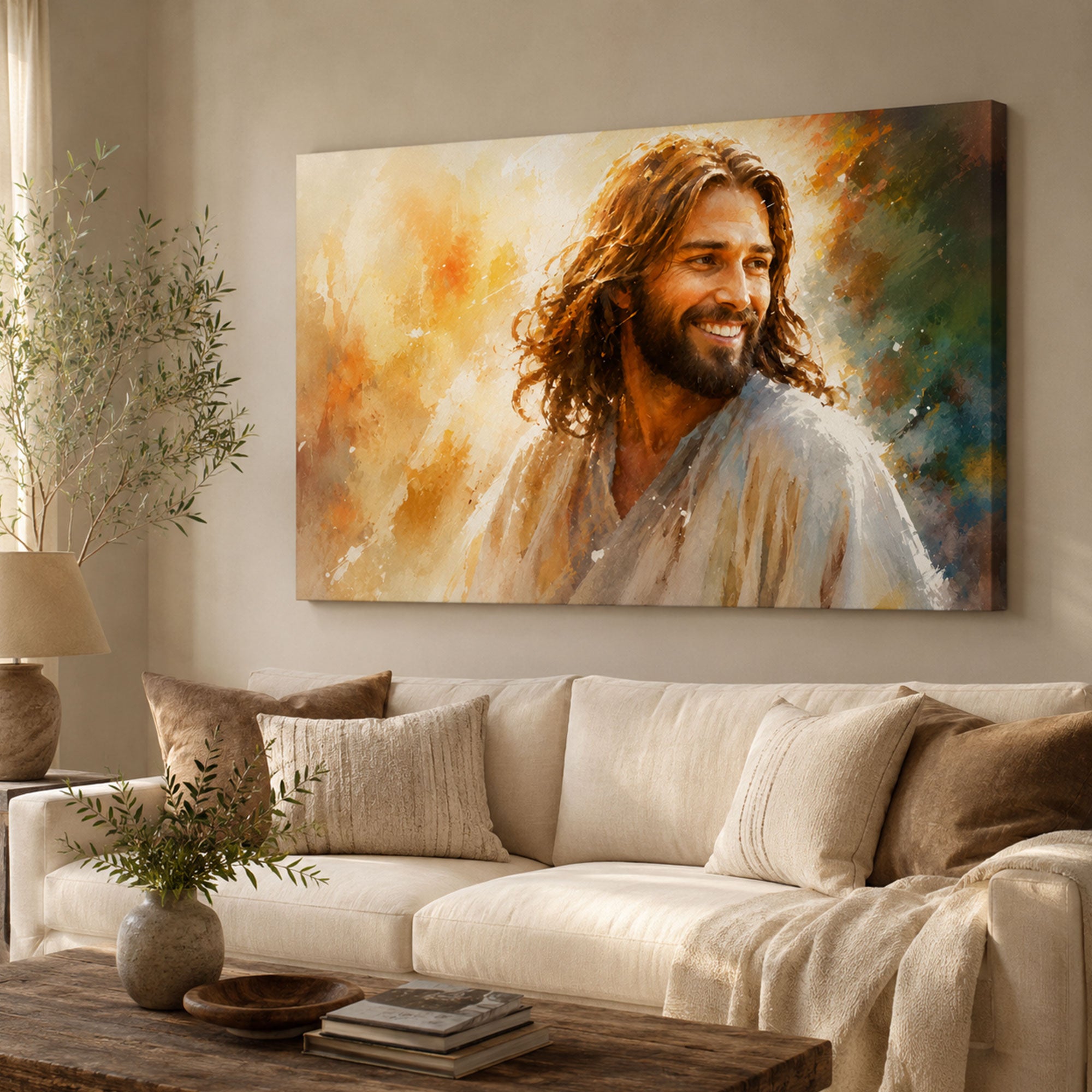 Smiling Jesus Portrait Canvas Print, Joyful Christian Wall Art, Peaceful Faith Home Decor