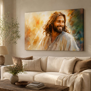 Smiling Jesus Portrait Canvas Print, Joyful Christian Wall Art, Peaceful Faith Home Decor