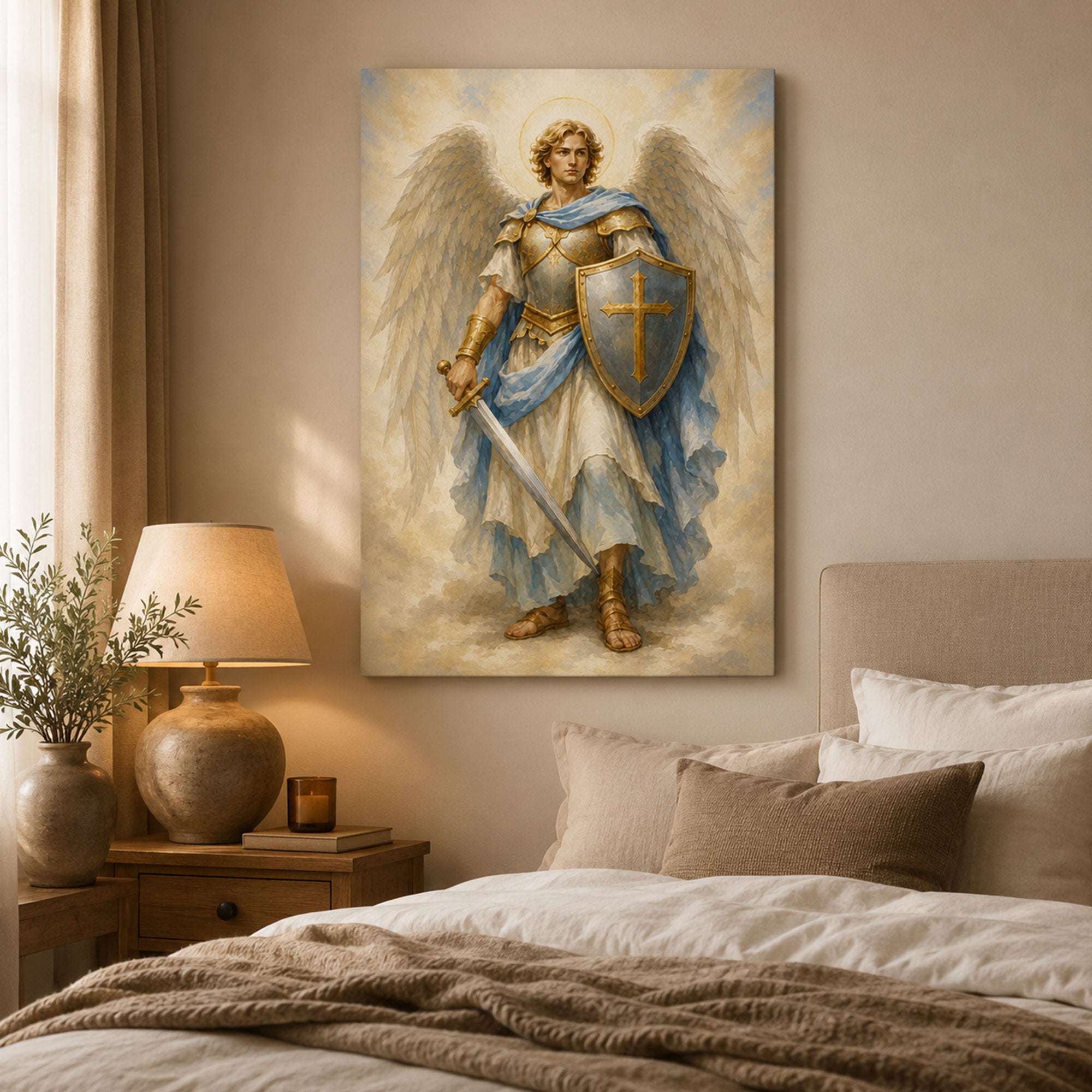 Saint Michael Archangel Canvas Print, Sword and Shield Catholic Wall Art, Guardian Faith Home Decor