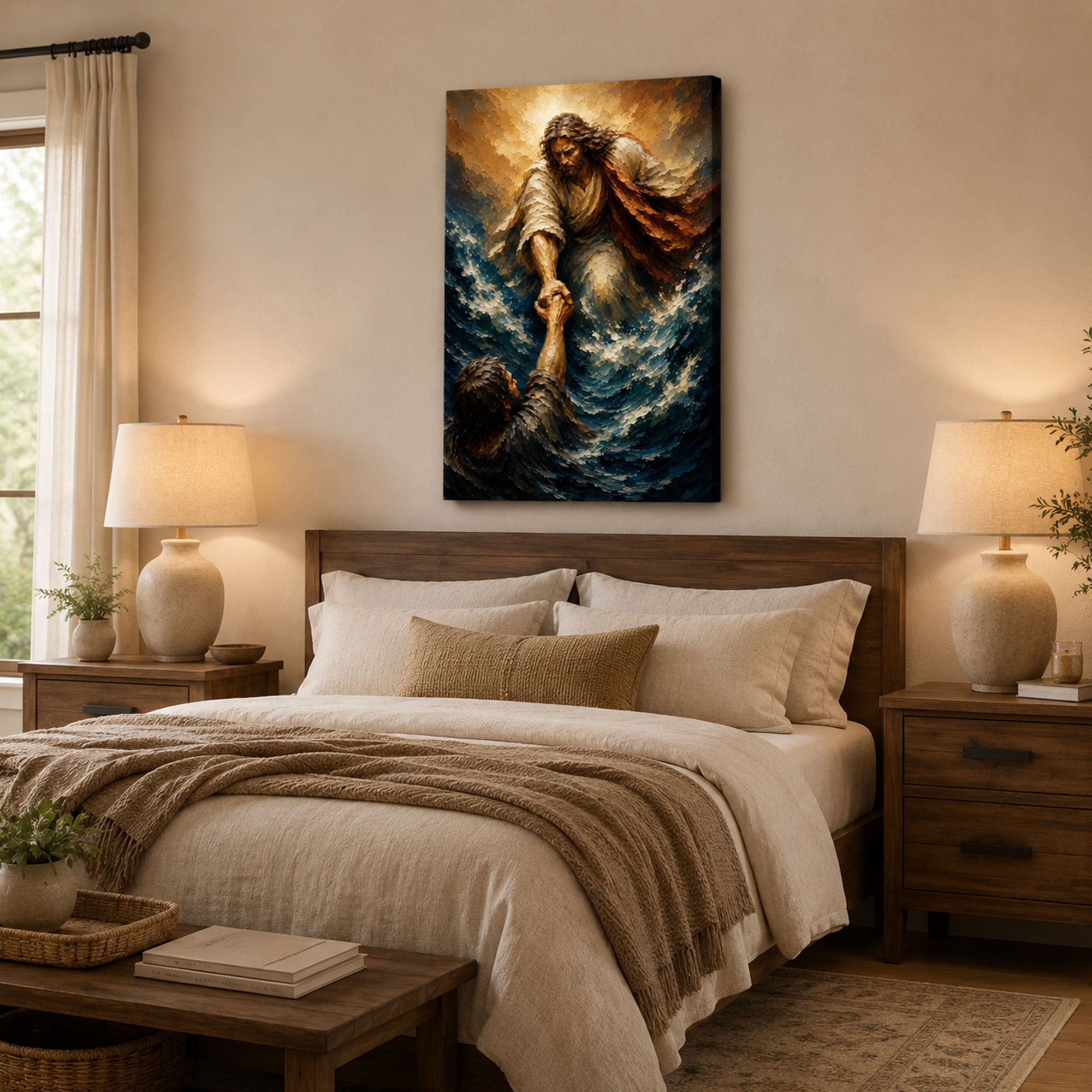 Jesus Saving Peter Canvas Print, Walking on Water Christian Wall Art, Faith Home Decor Gift