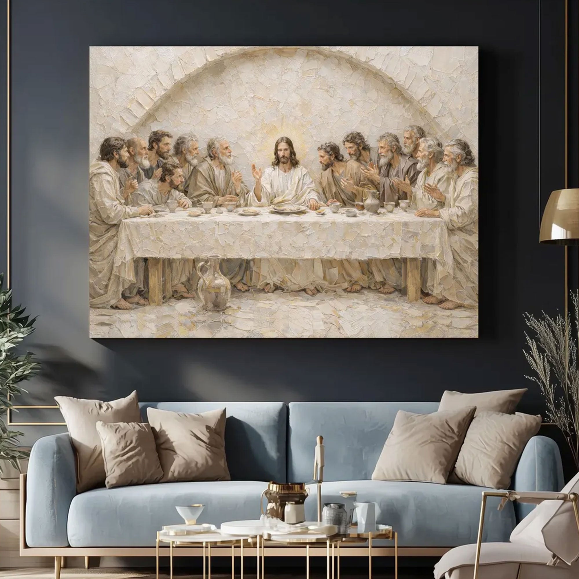 Last Supper Canvas Print, Relief Style Christian Wall Art, Jesus and Apostles Scene, Biblical Religious Decor, Inspirational Faith Gift
