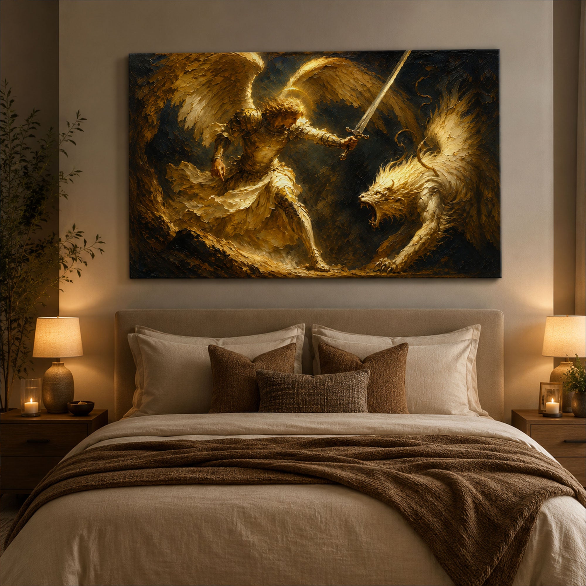 Saint Michael Defeating Dragon Canvas Print, Catholic Angel Wall Art, Faith Home Decor