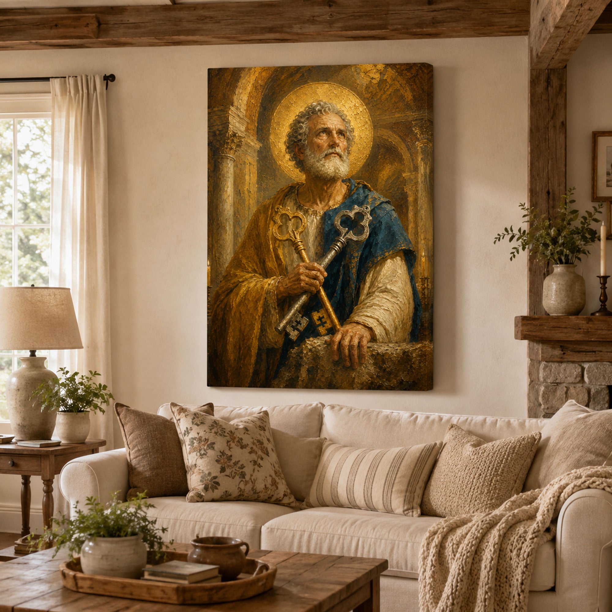 Saint Peter with Keys Canvas Print, Catholic Apostle Wall Art, Faith Home Decor Gift