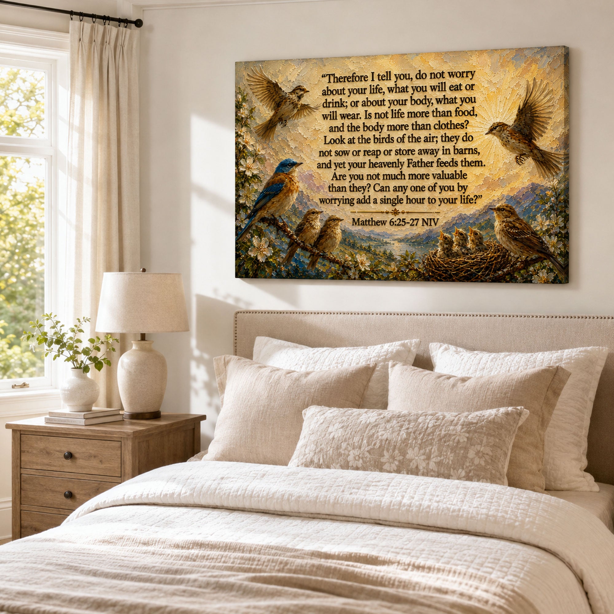 Do Not Worry Matthew 6:25-27 Canvas Print, Birds of the Air Christian Wall Decor, Bible Verse Faith Gift