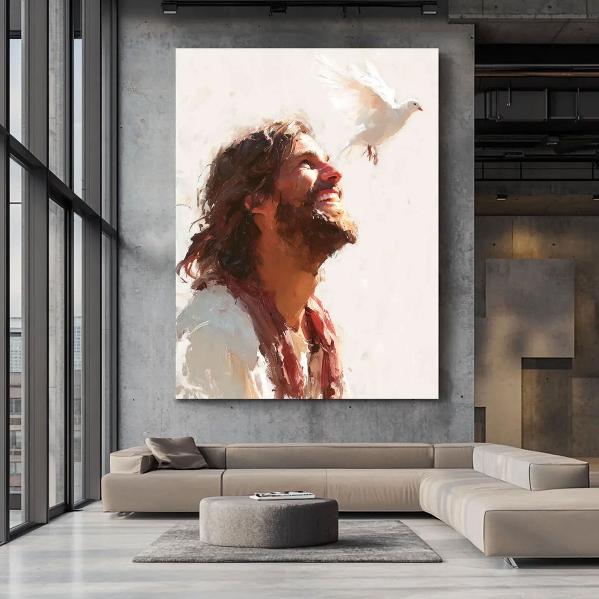 Jesus With Dove Canvas Print, Holy Spirit Christian Wall Art, Peaceful Savior Faith Decor