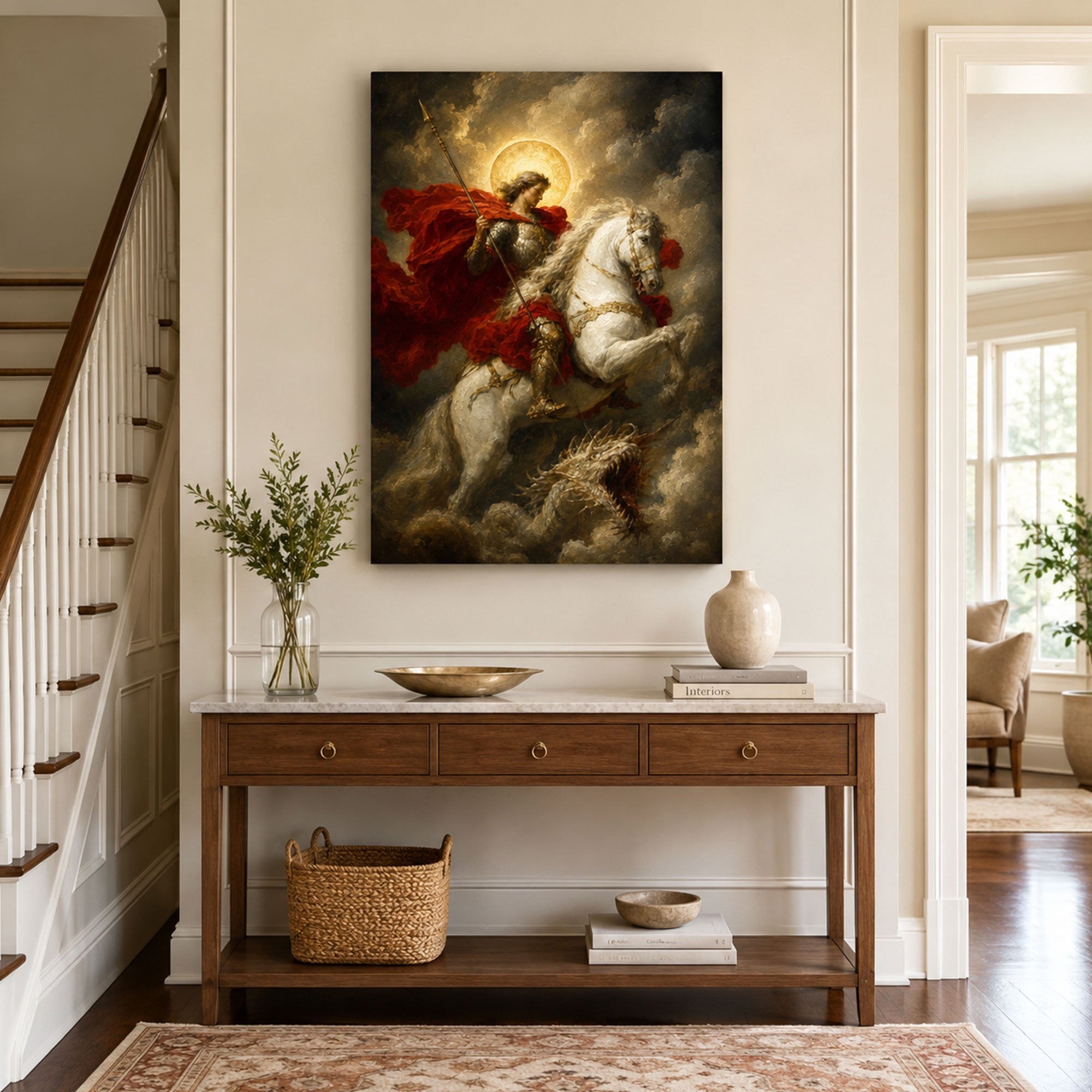 Saint George Slaying the Dragon Canvas Print, Catholic Warrior Decor