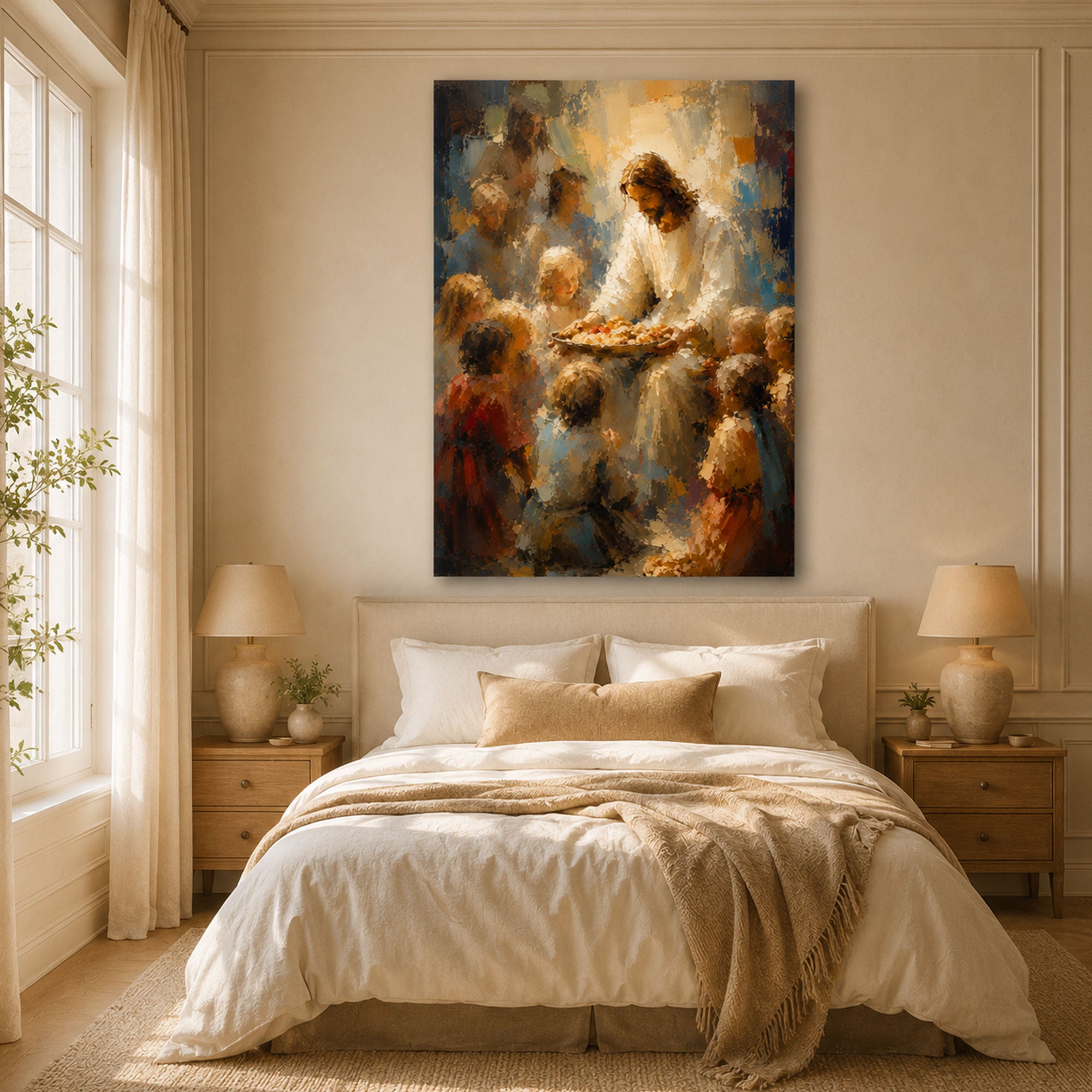 Jesus Sharing Bread with Children Canvas Print, Christian Wall Art, Bread of Life Faith Home Decor
