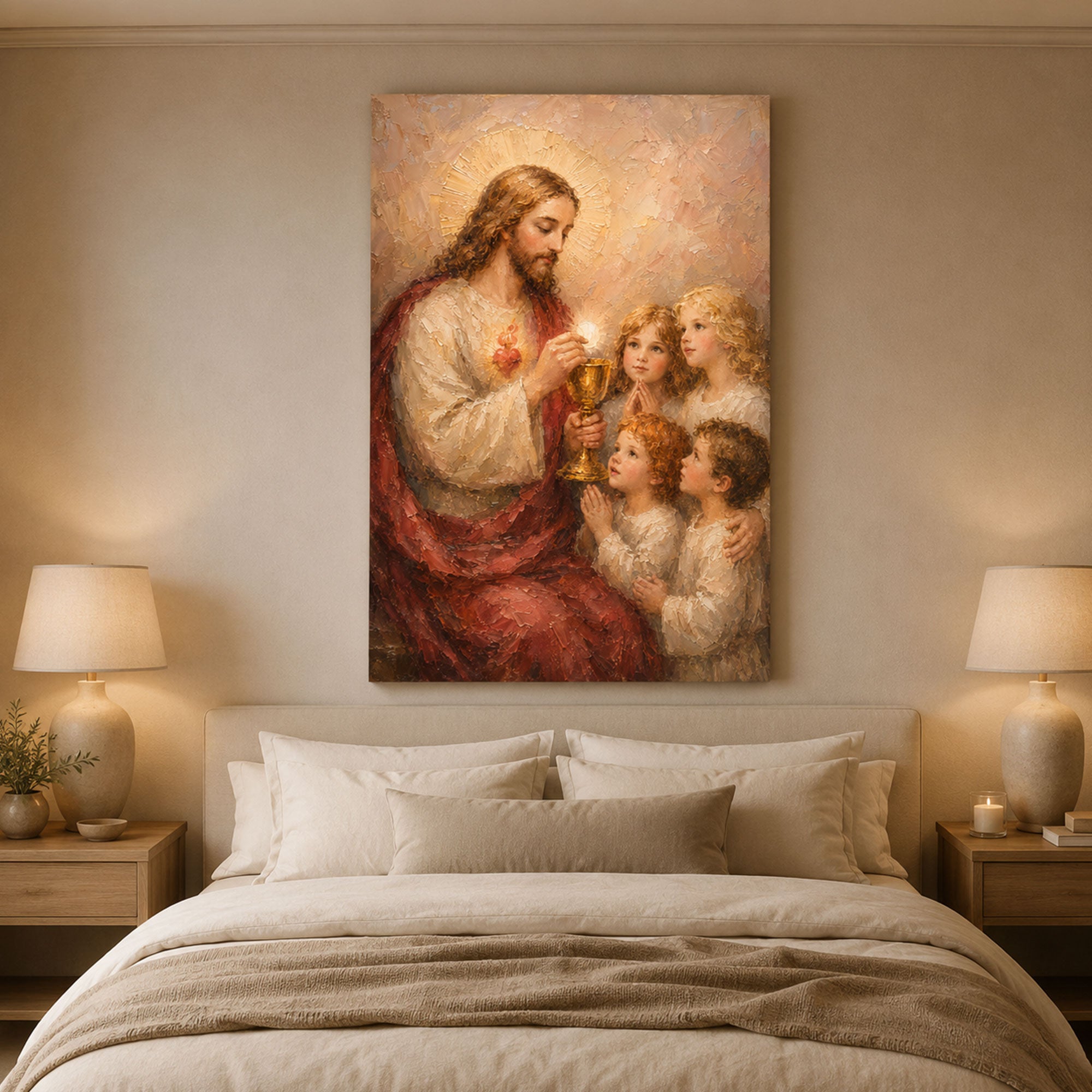 Jesus and Children Holy Communion Canvas Print, First Communion Catholic Wall Art, Eucharistic Faith Home Decor