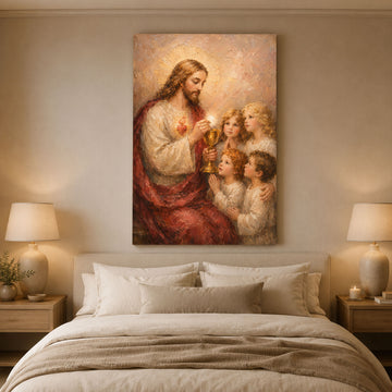 Jesus and Children Holy Communion Canvas Print, First Communion Catholic Wall Art, Eucharistic Faith Home Decor