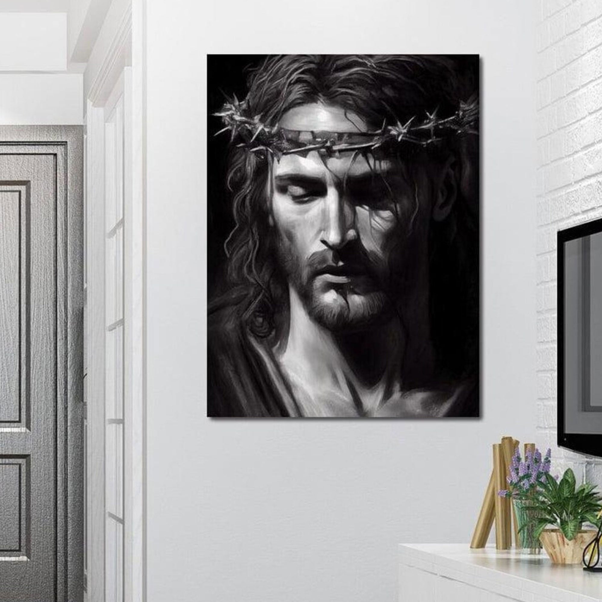 Black & White Jesus Portrait Canvas Print, Crown of Thorns Christian Wall Art, Minimalist Religious Decor
