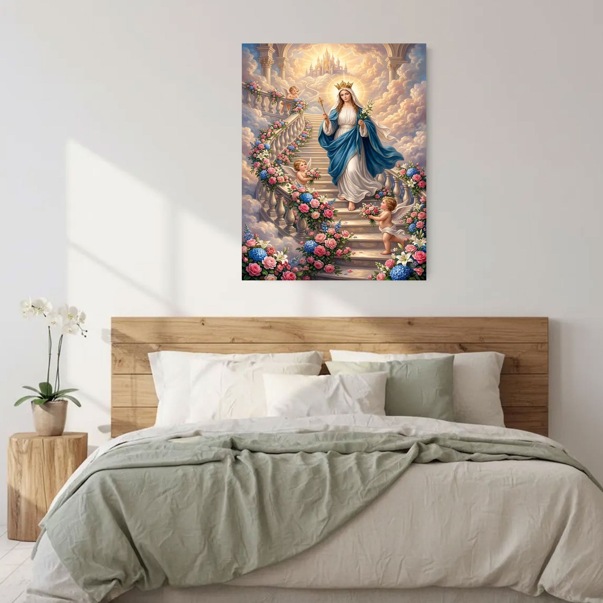 Queen of Heaven Virgin Mary Canvas Print, Catholic Madonna Crowned Wall Art, Heavenly Floral Garden Scene, Sacred Christian Decor, Inspirational Faith Gift