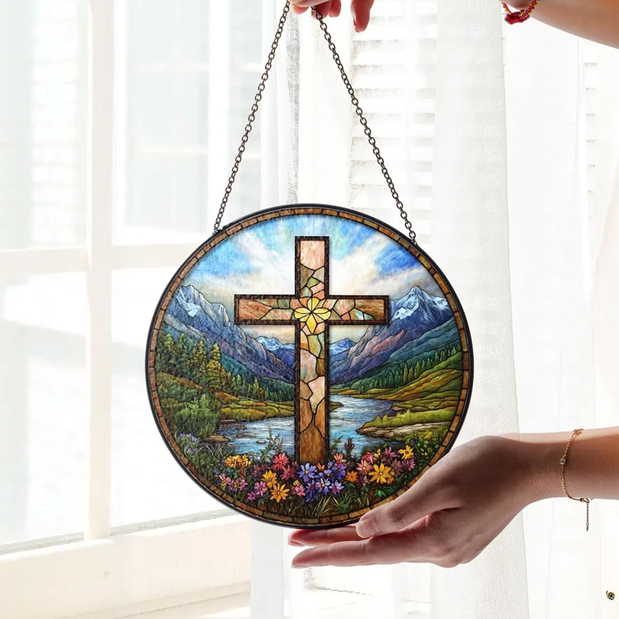Stained Glass Cross Suncatcher with Wildflowers and Sunset, Christian Window Hanging, Mountain River Decor, Faith Gift
