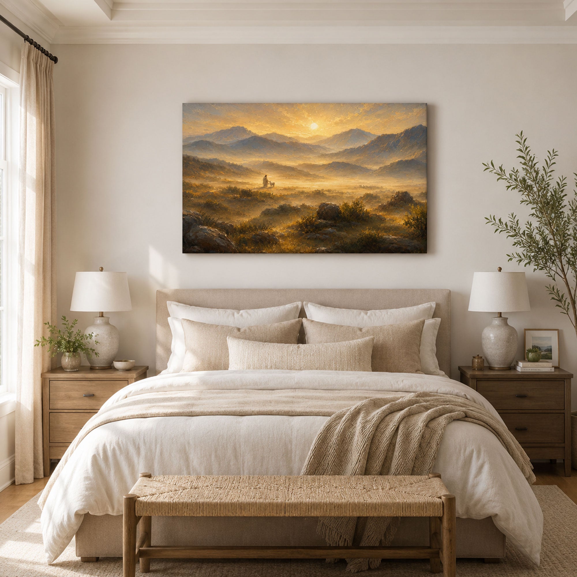 Jesus in Golden Mountain Landscape Canvas Print, Peaceful Christian Home Decor