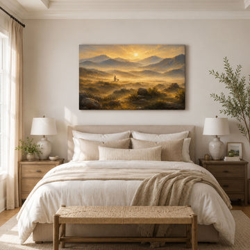 Jesus in Golden Mountain Landscape Canvas Print, Peaceful Christian Home Decor