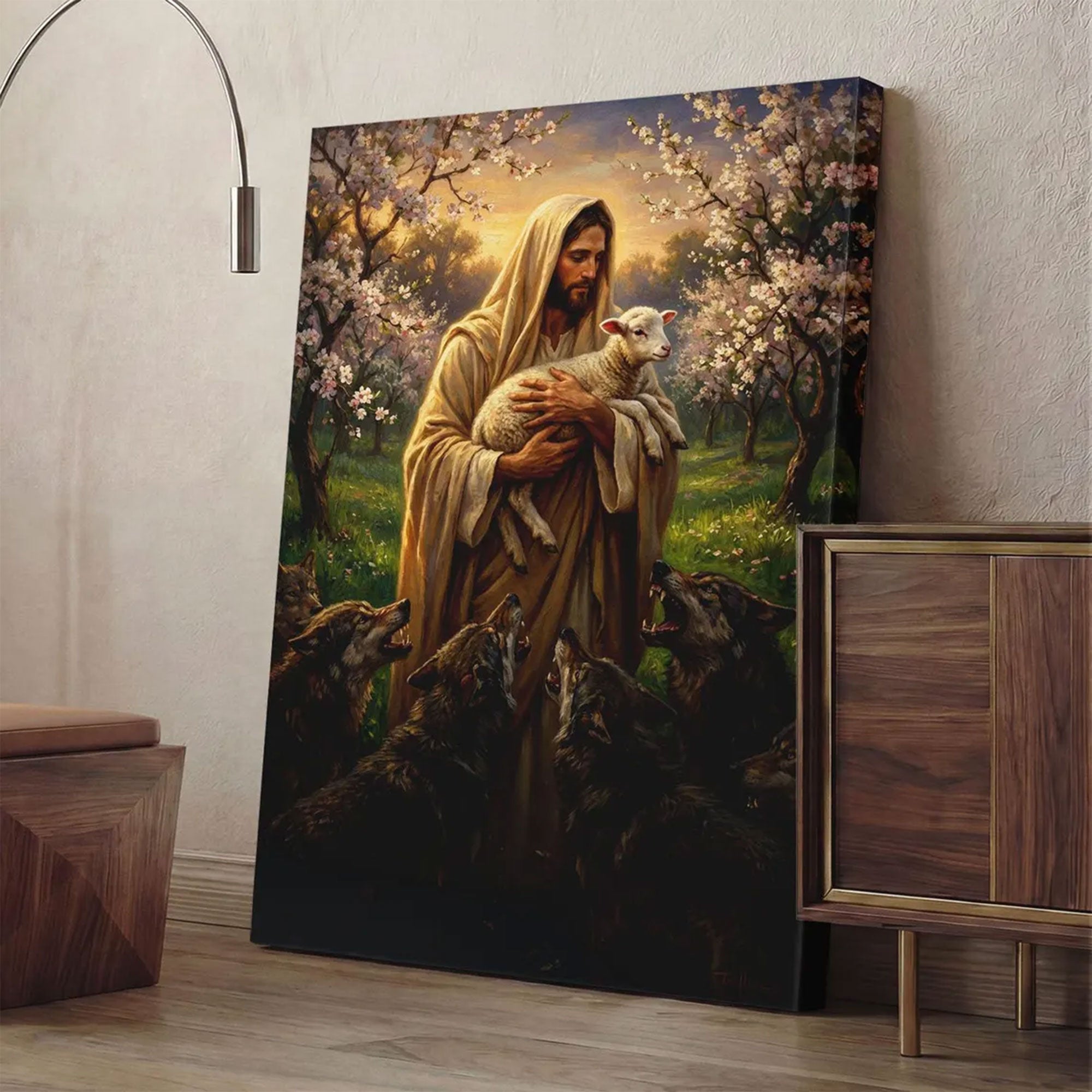 Good Shepherd Jesus Canvas Wall Art, Christian Decor, Jesus with Lamb Faith Gift