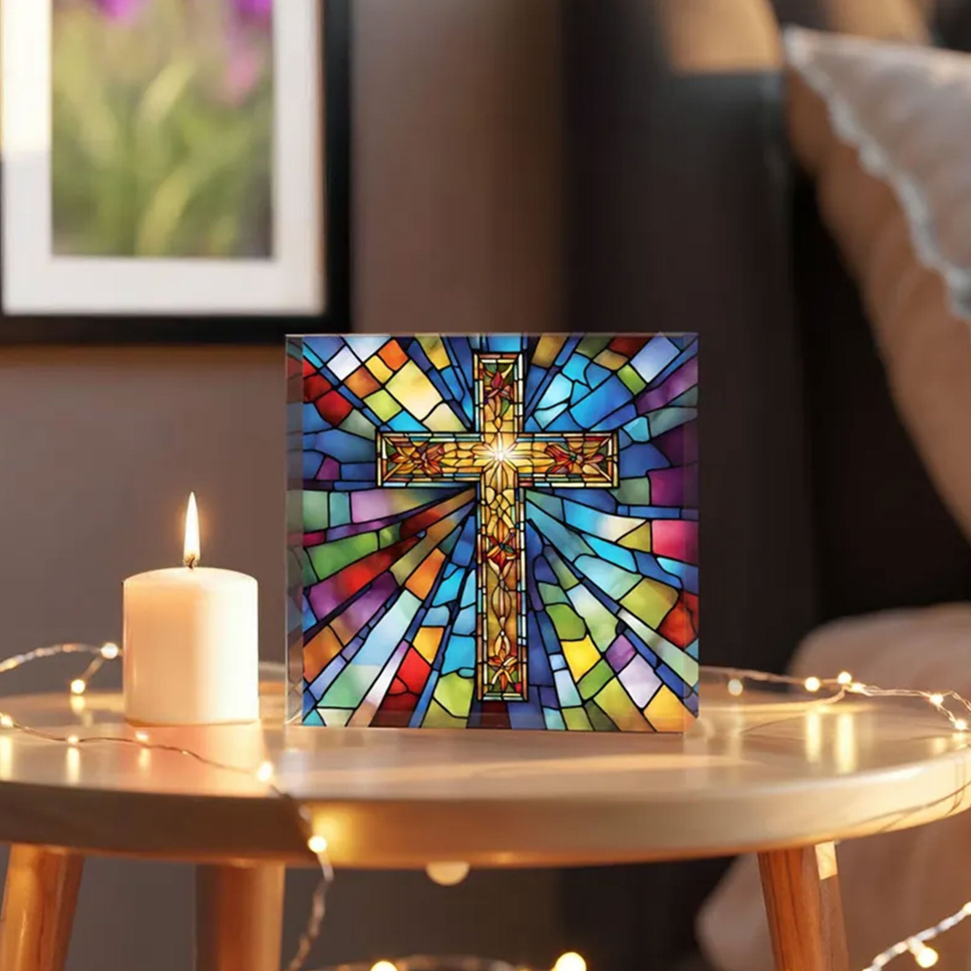 Stained Glass Cross Acrylic Plaque, Easter Christian Catholic Gift, Comfort Gift for Friend, Housewarming Faith Decor