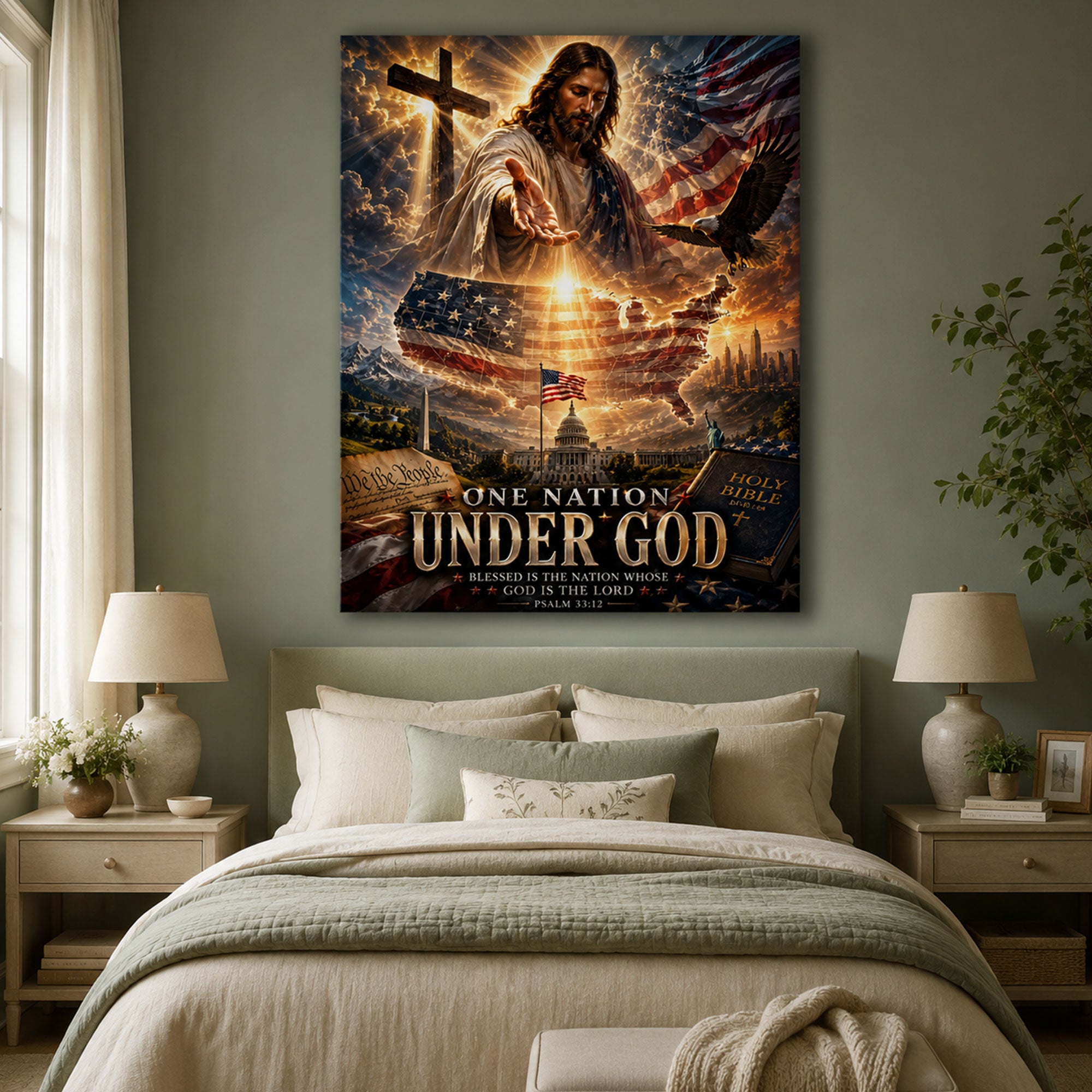 One Nation Under God Canvas Print, Patriotic Jesus Christian Wall Art, American Faith Decor, Inspirational Religious Artwork