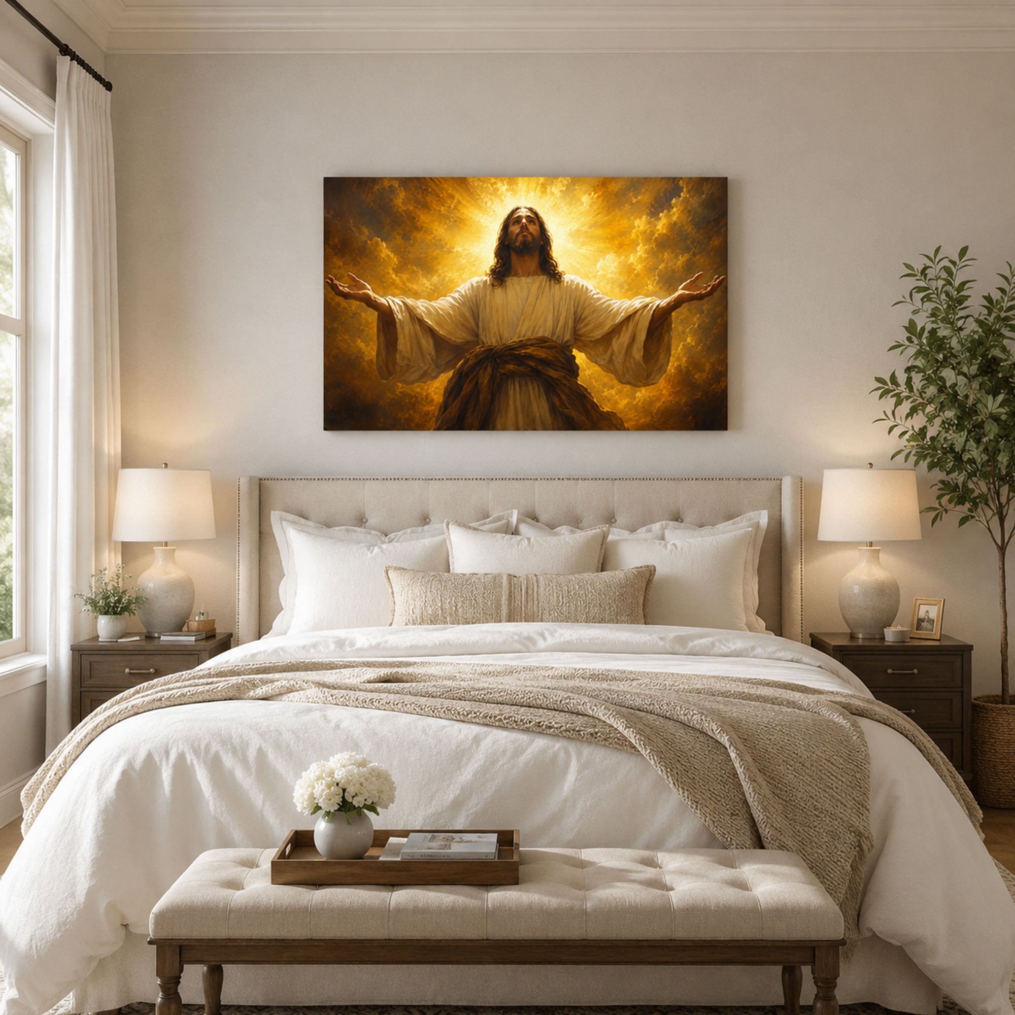 Jesus Christ in Glory Canvas Print, Open Arms Christian Wall Art, Golden Light Faith Home Decor Gift