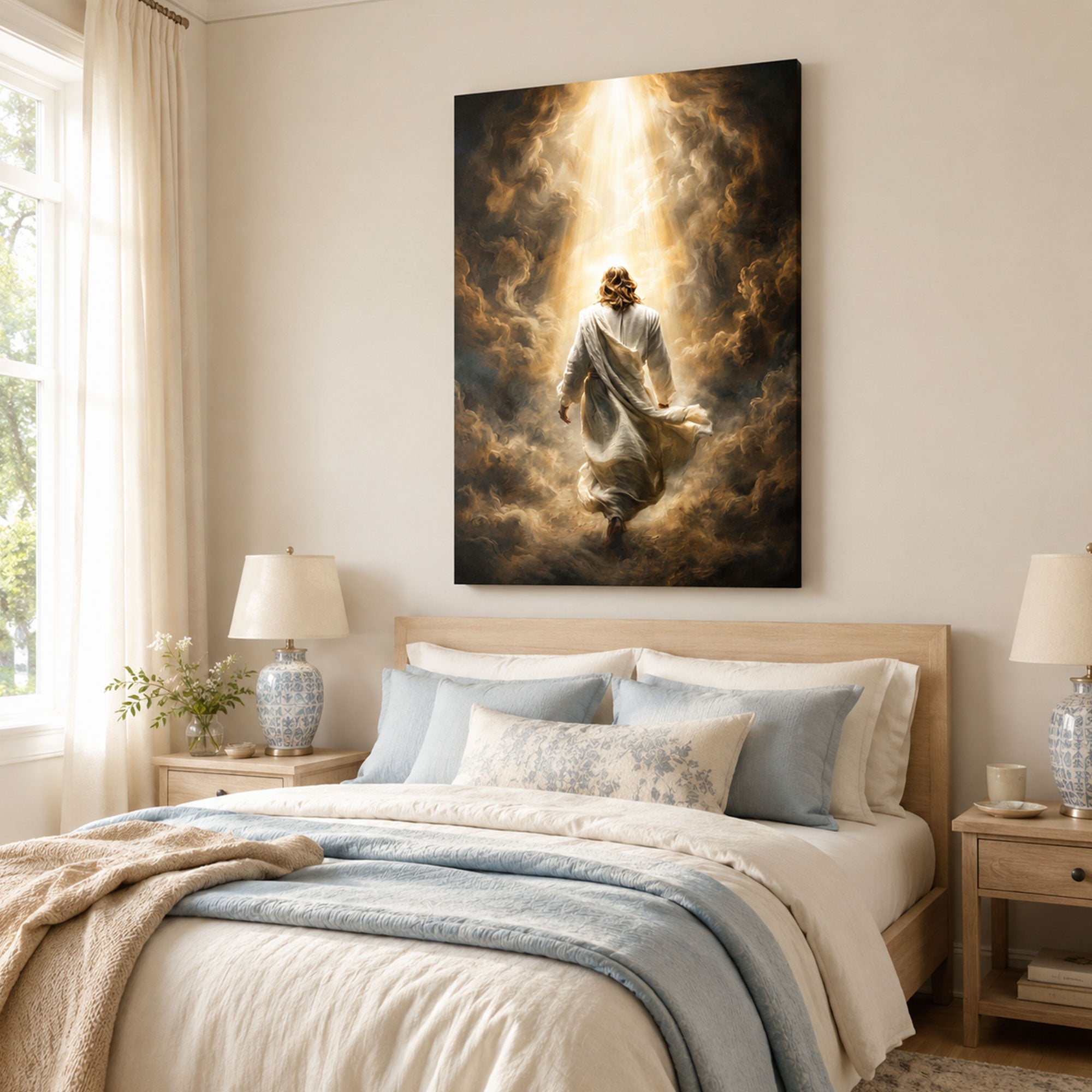 Jesus Walking Into Light Canvas Art, Spiritual Christian Journey Wall Decor, Minimal Biblical Home Decoration