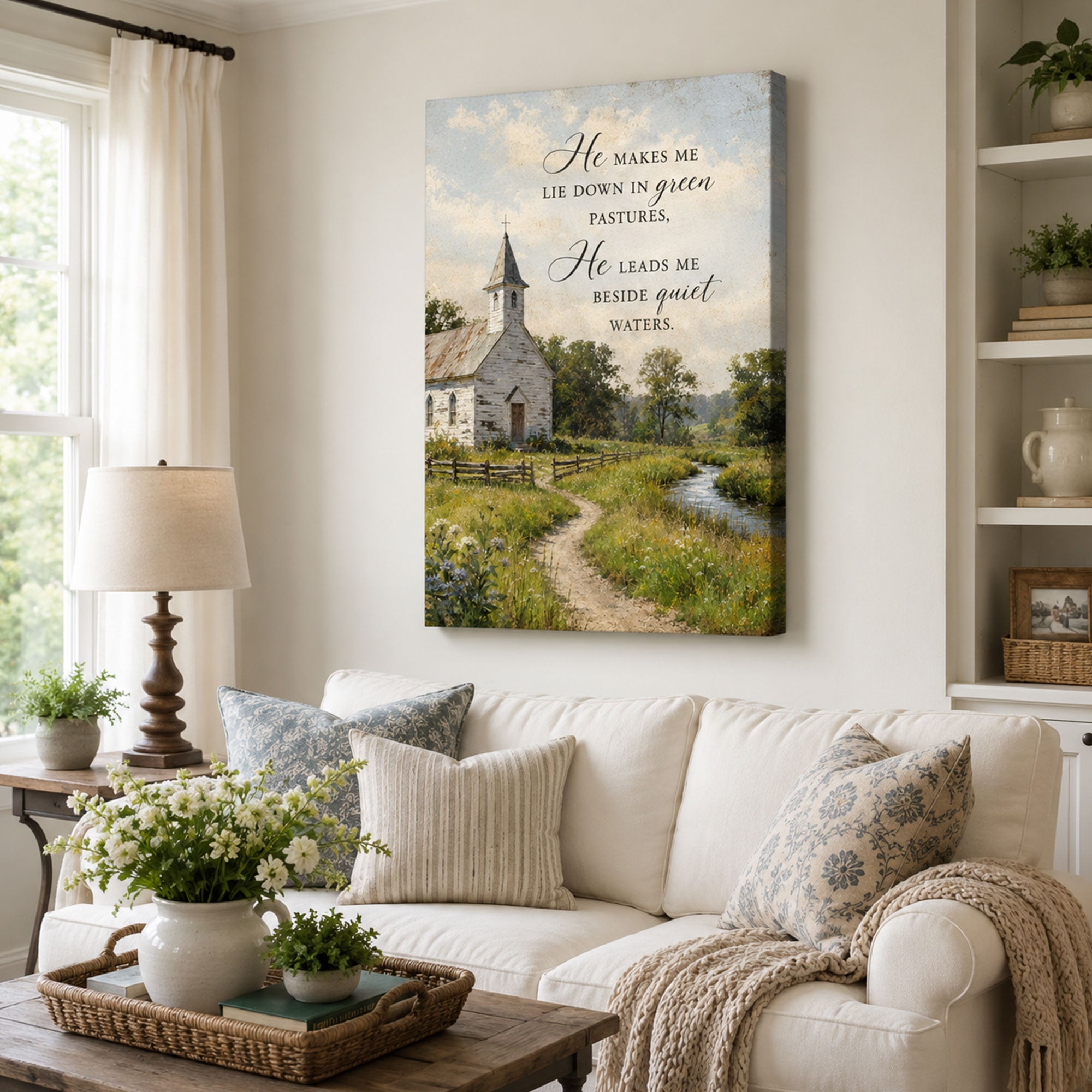 Psalm 23:2 Green Pastures Canvas Print, Christian Home Decor