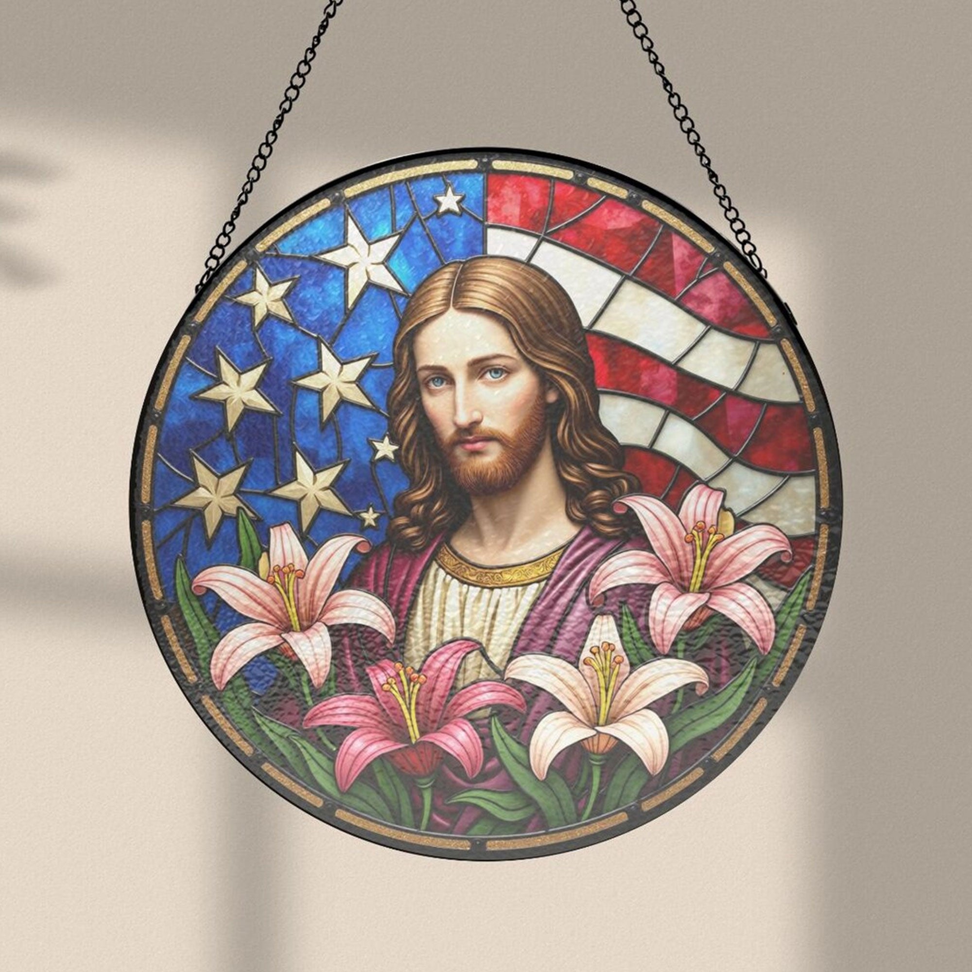 Jesus with Lily and Starry US Flag Stained Glass Suncatcher, Christian Patriotic Window Hanging Decor, Spiritual Faith Gift