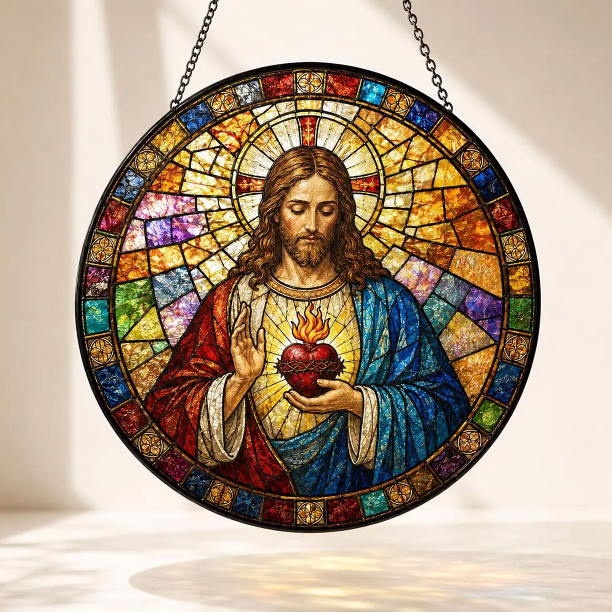 Sacred Heart Jesus Suncatcher, Catholic Window Hanging, Christian Faith Decor Gift
