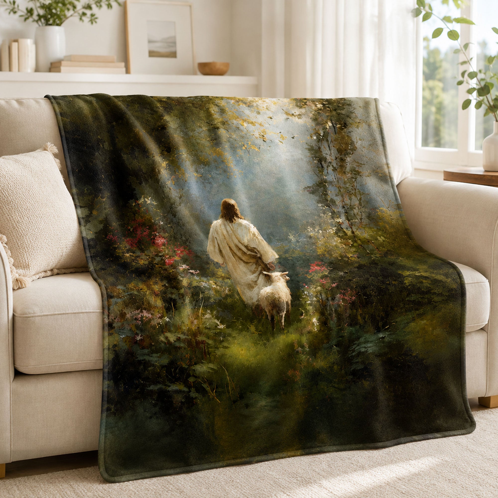 Jesus Good Shepherd Fleece Blanket, Christian Lamb Throw, Faith Gift for Believers