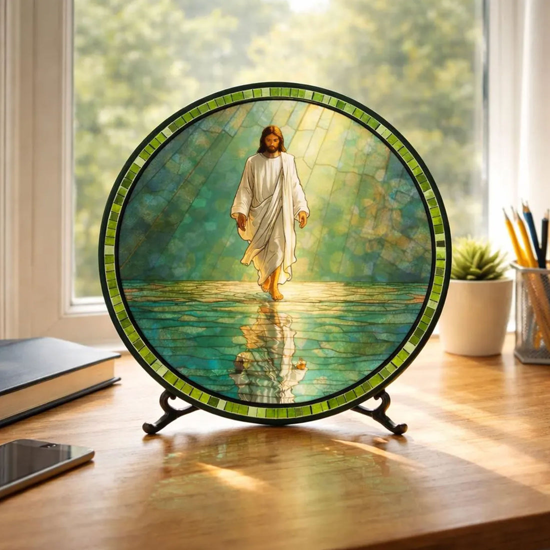 Jesus Walking on Water Stained Glass Suncatcher, Christian Window Hanging Decor, Faith Religious Gift, Handmade Glass Art